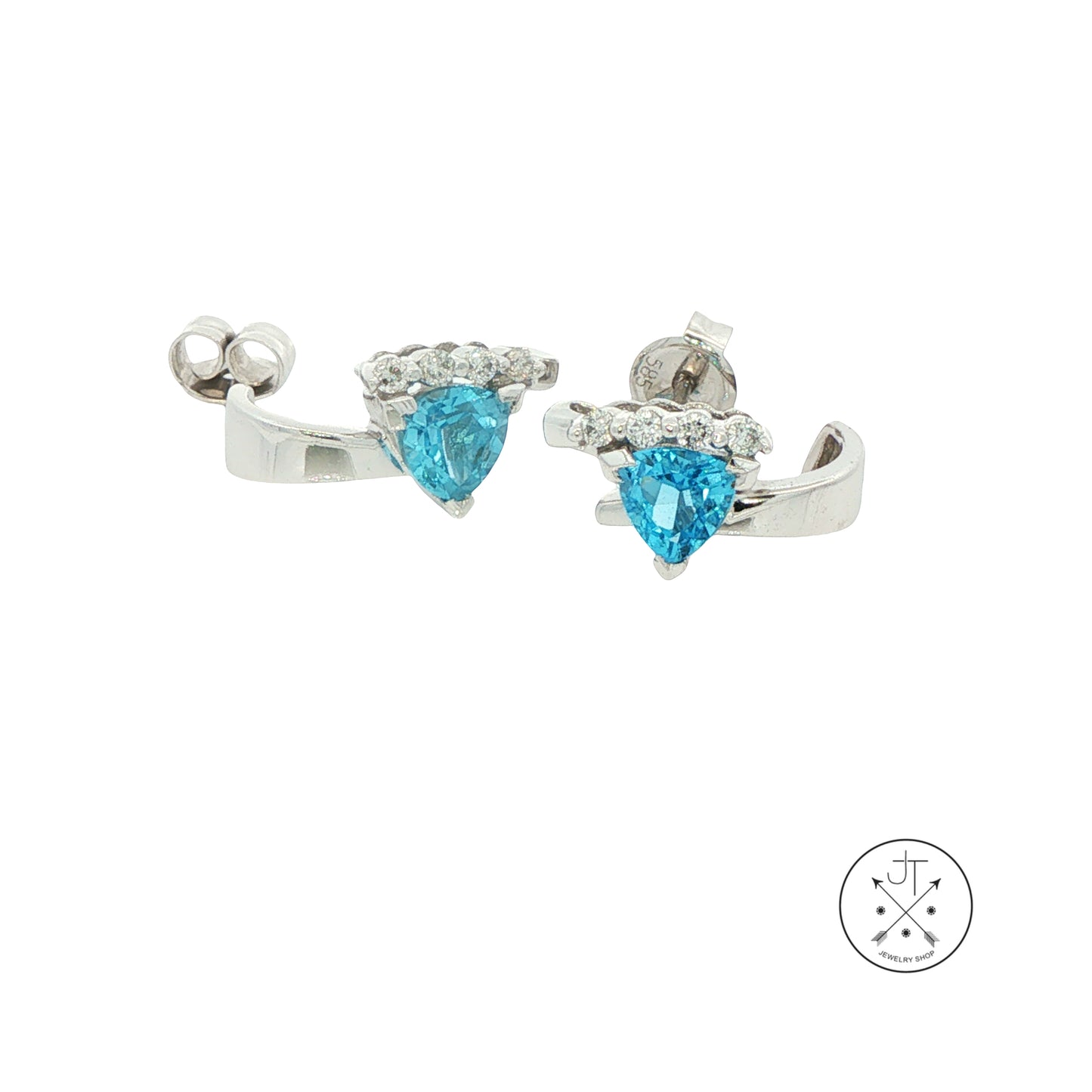 14k White Gold Stud Earrings with Natural Blue Topaz and Diamonds