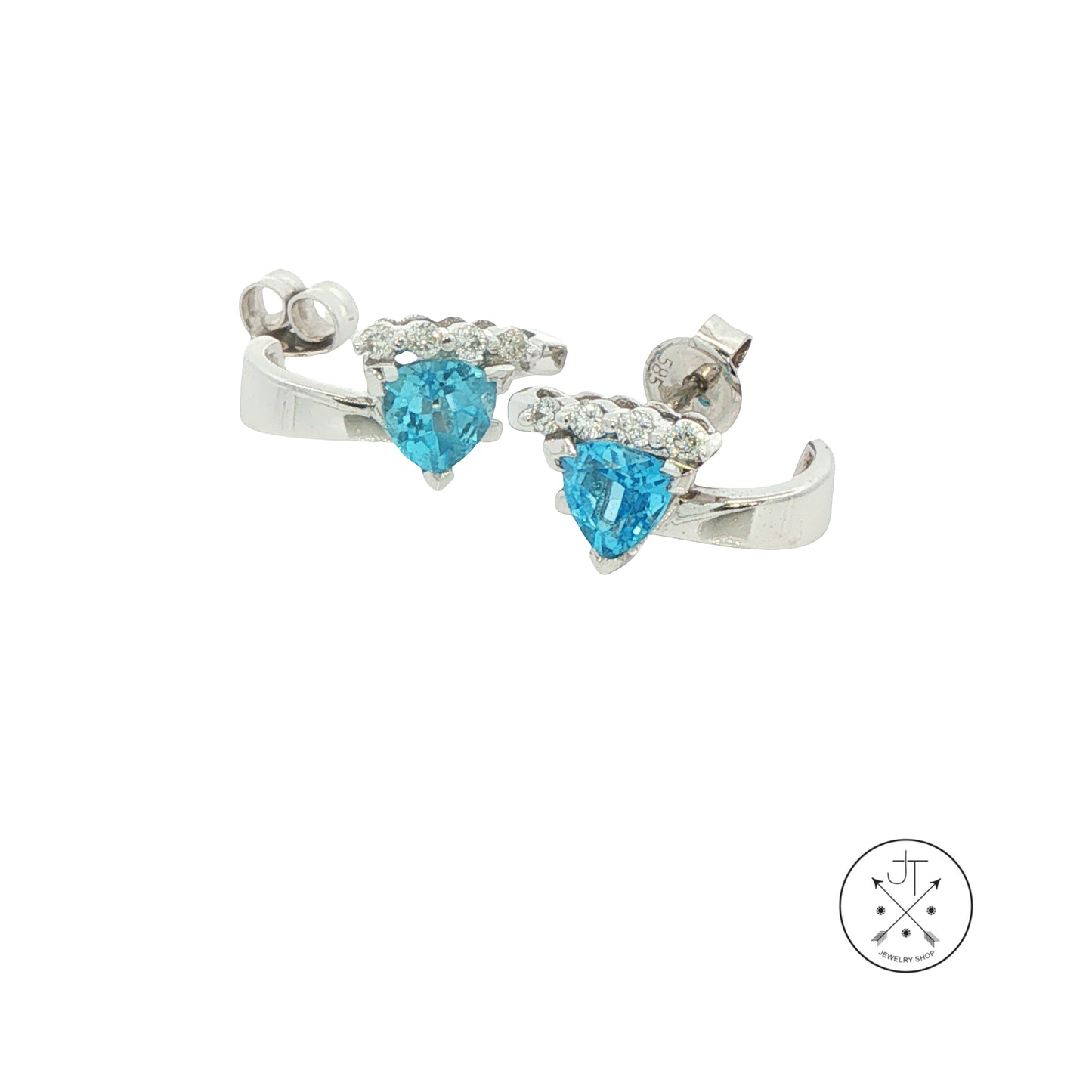14k White Gold Stud Earrings with Natural Blue Topaz and Diamonds
