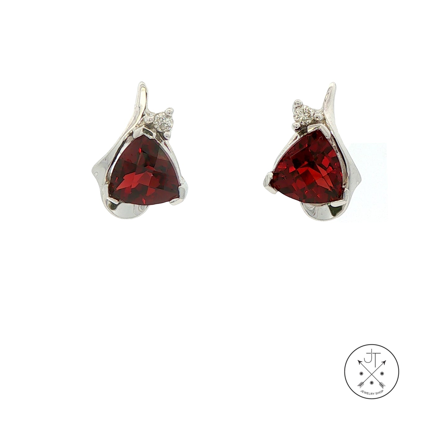 14k White Gold Stud Earrings with Natural Garnet and Diamond