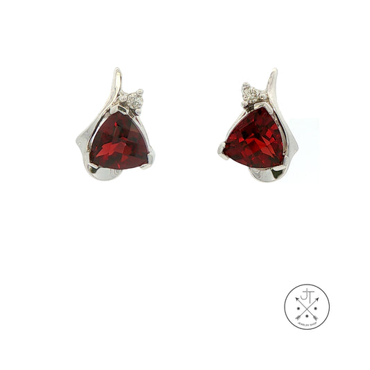14k White Gold Stud Earrings with Natural Garnet and Diamond