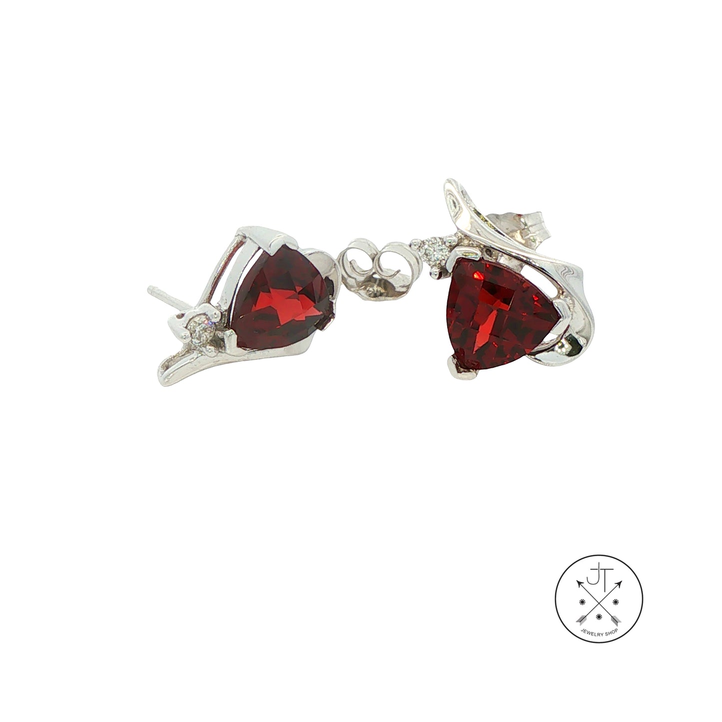 14k White Gold Stud Earrings with Natural Garnet and Diamond