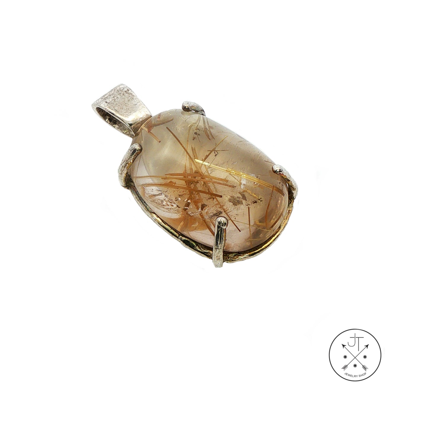Vintage Sterling Silver Solitaire Pendant with Natural Rutilated Quartz Cabochon