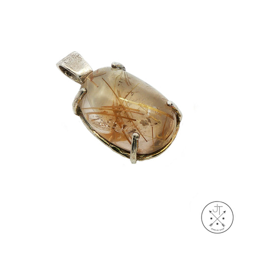 Vintage Sterling Silver Solitaire Pendant with Natural Rutilated Quartz Cabochon