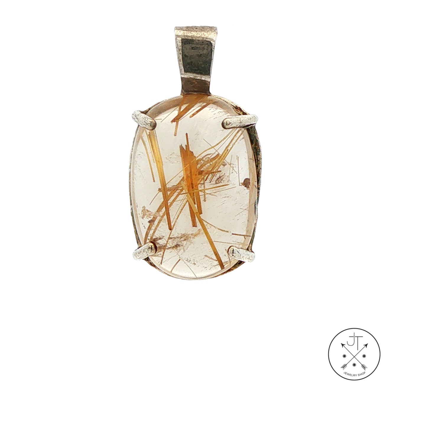 Vintage Sterling Silver Solitaire Pendant with Natural Rutilated Quartz Cabochon