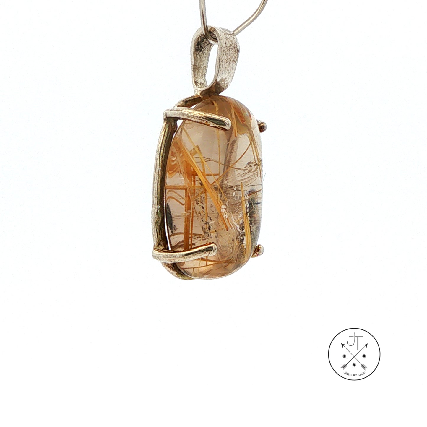 Vintage Sterling Silver Solitaire Pendant with Natural Rutilated Quartz Cabochon