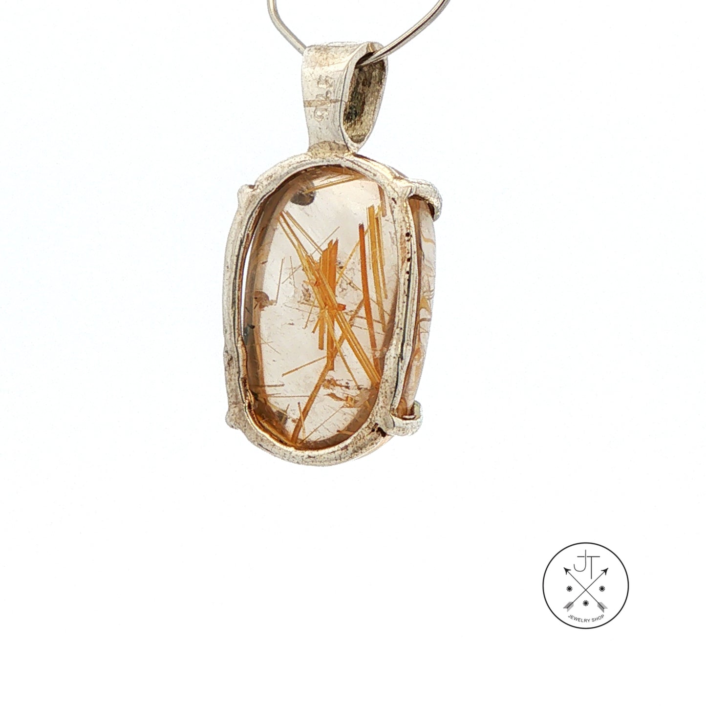 Vintage Sterling Silver Solitaire Pendant with Natural Rutilated Quartz Cabochon