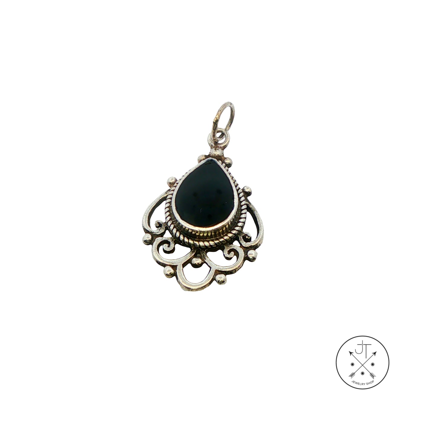 Vintage Sterling Silver Pendant with Natural Onyx Teardrop