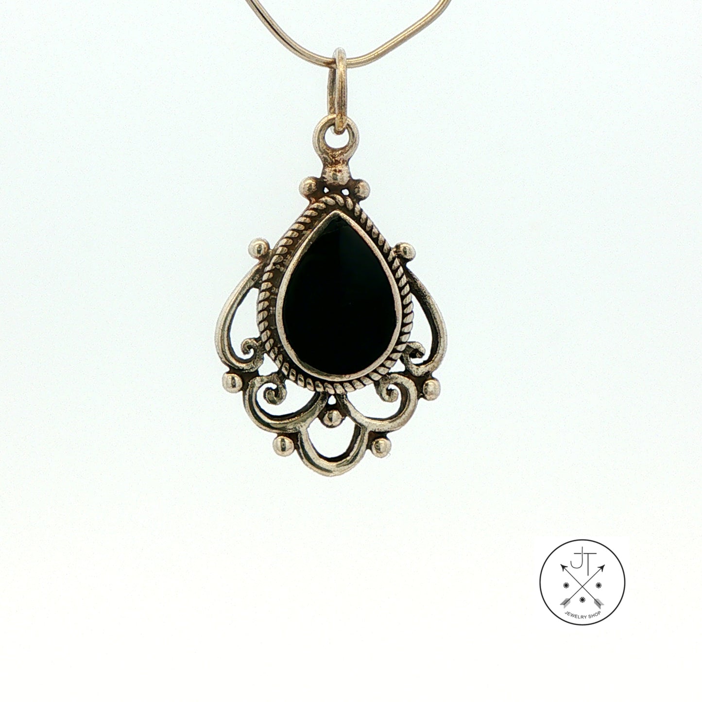 Vintage Sterling Silver Pendant with Natural Onyx Teardrop