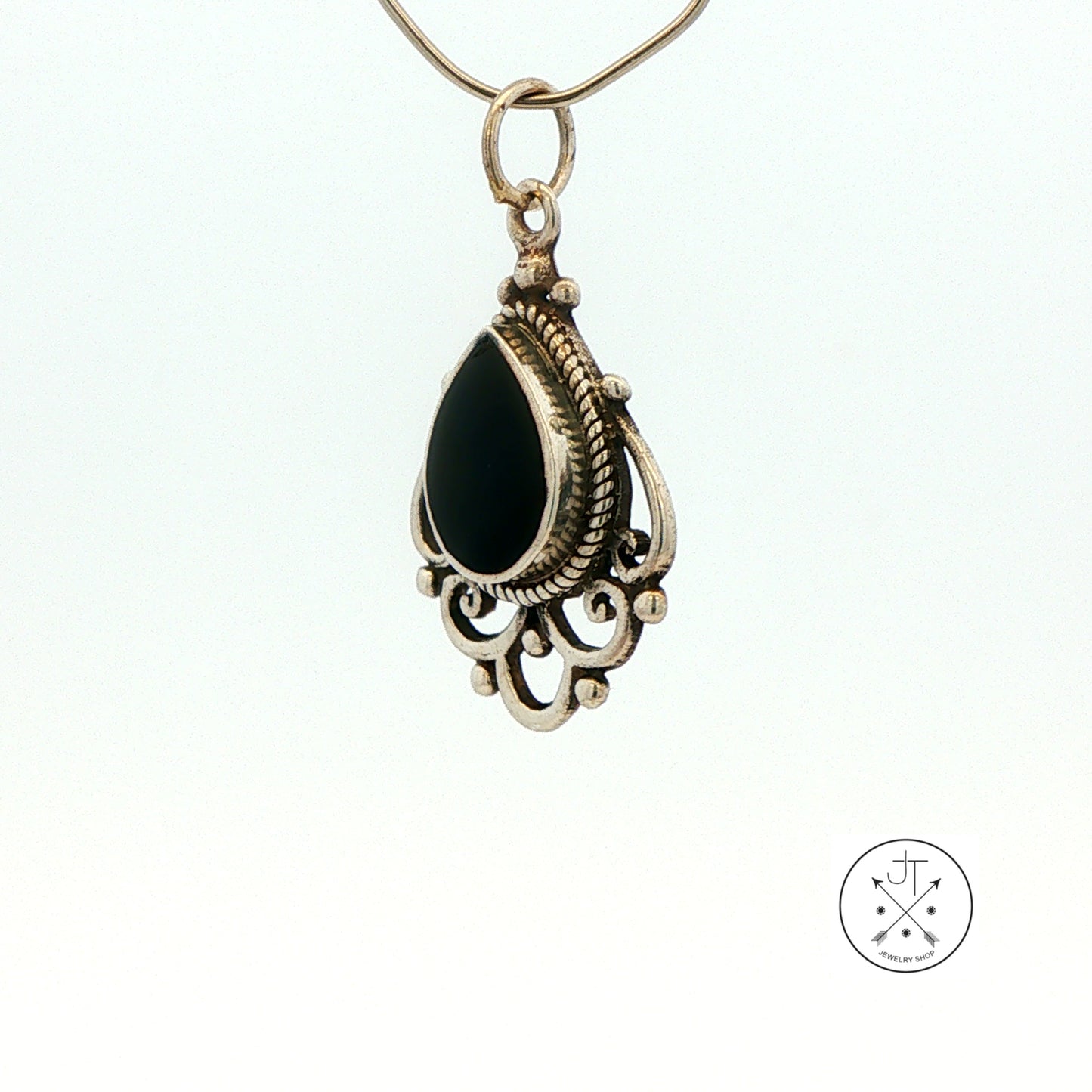 Vintage Sterling Silver Pendant with Natural Onyx Teardrop