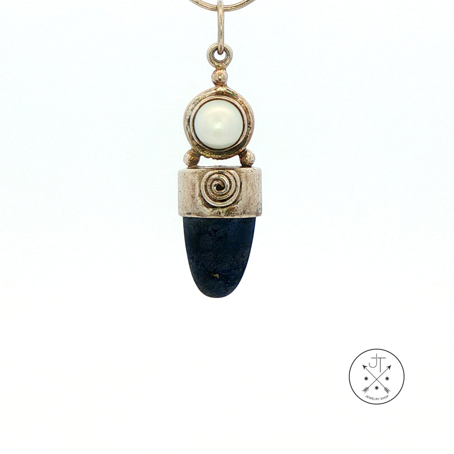 Vintage Sajen Sterling Silver Pendant with Natural Lapis Lazuli and Pearl