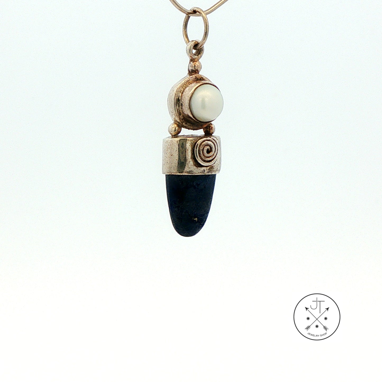 Vintage Sajen Sterling Silver Pendant with Natural Lapis Lazuli and Pearl