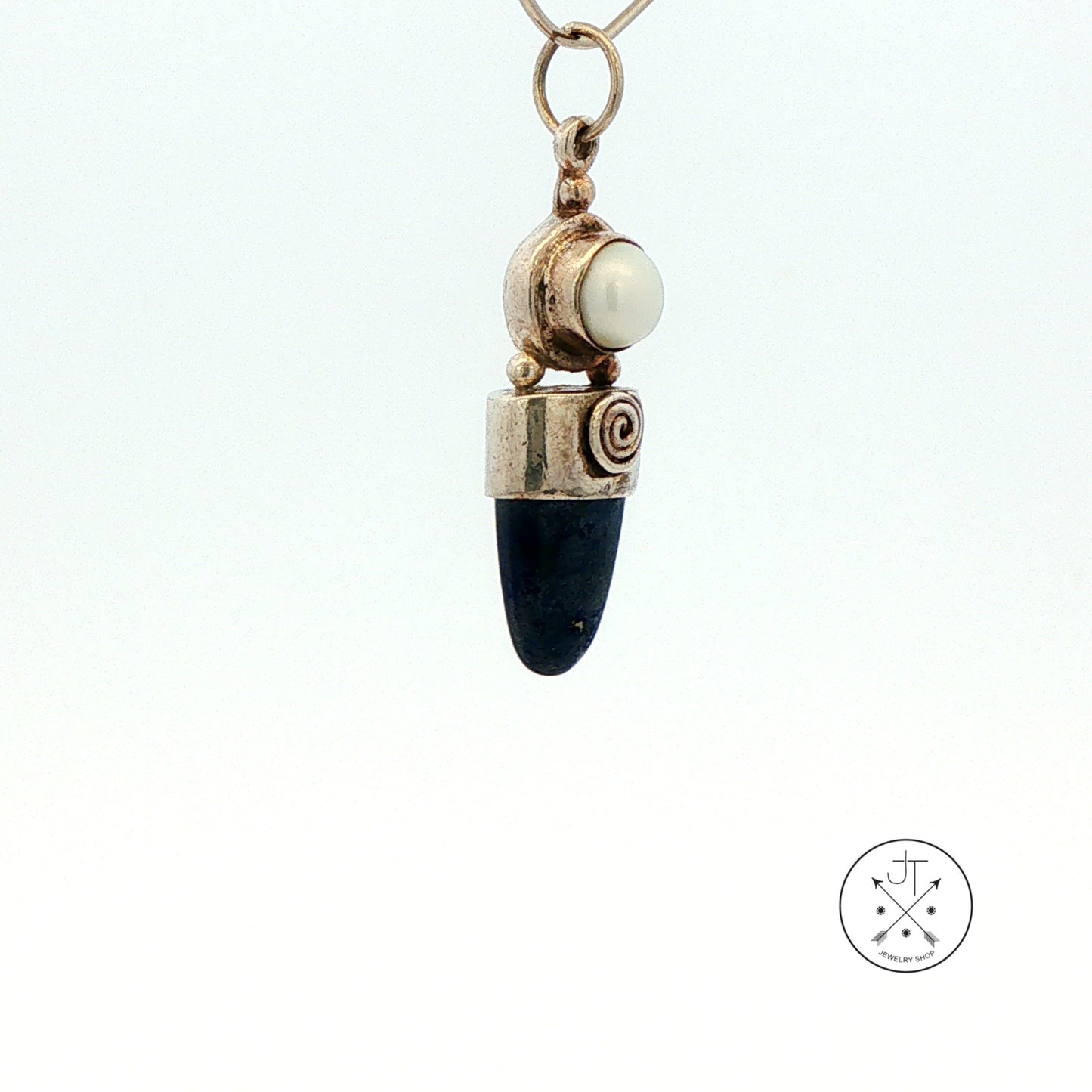 Vintage Sajen Sterling Silver Pendant with Natural Lapis Lazuli and Pearl