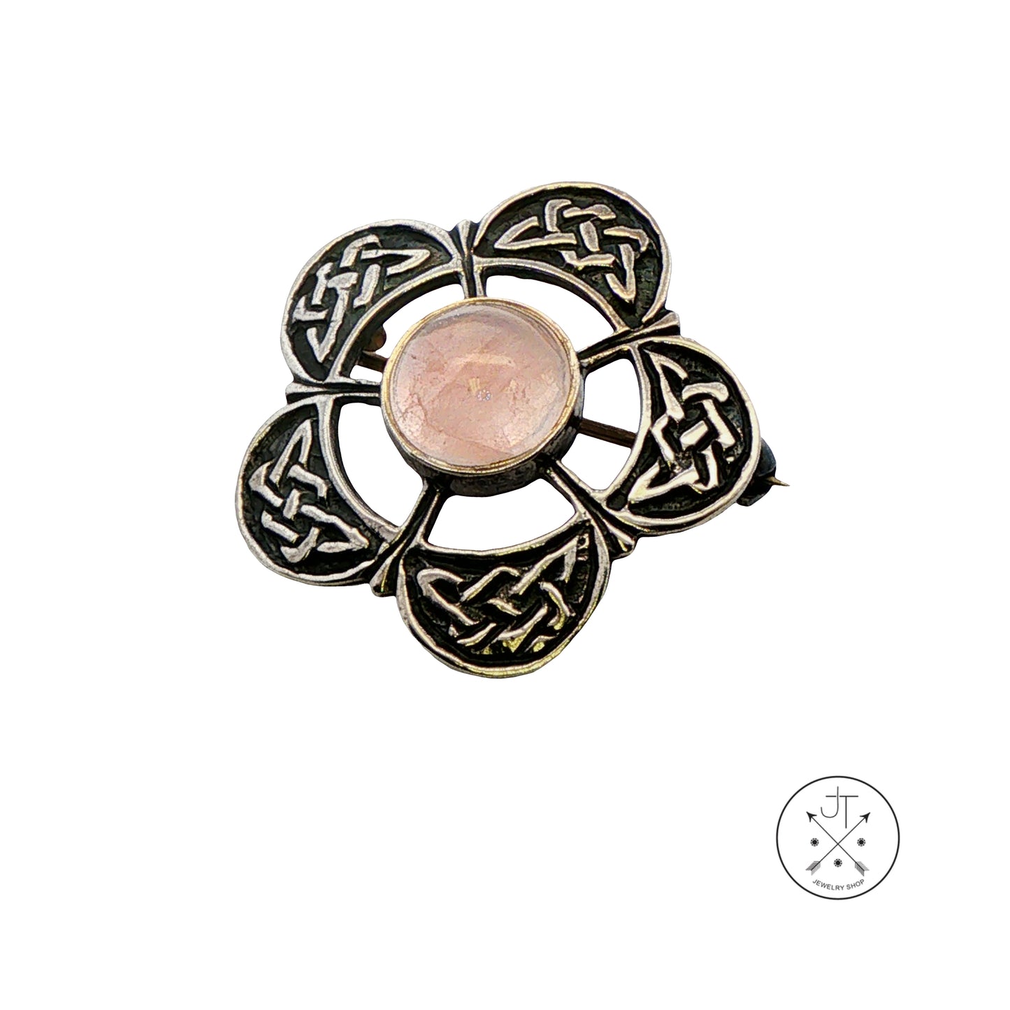 Vintage Sterling Silver Celtic Flower Brooch Pin with Natural Rose Quartz Cabochon