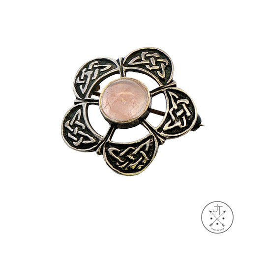 Vintage Sterling Silver Celtic Flower Brooch Pin with Natural Rose Quartz Cabochon