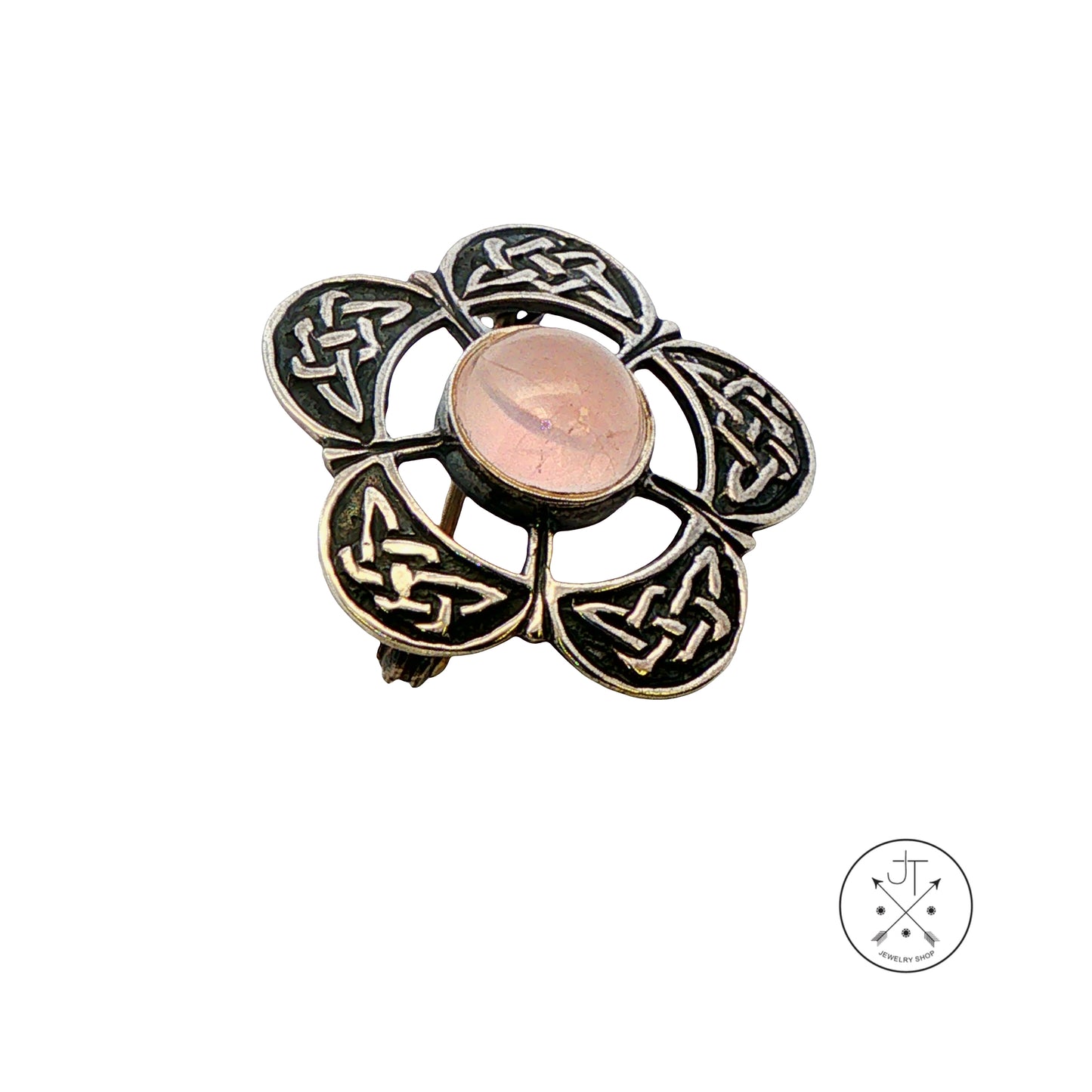 Vintage Sterling Silver Celtic Flower Brooch Pin with Natural Rose Quartz Cabochon