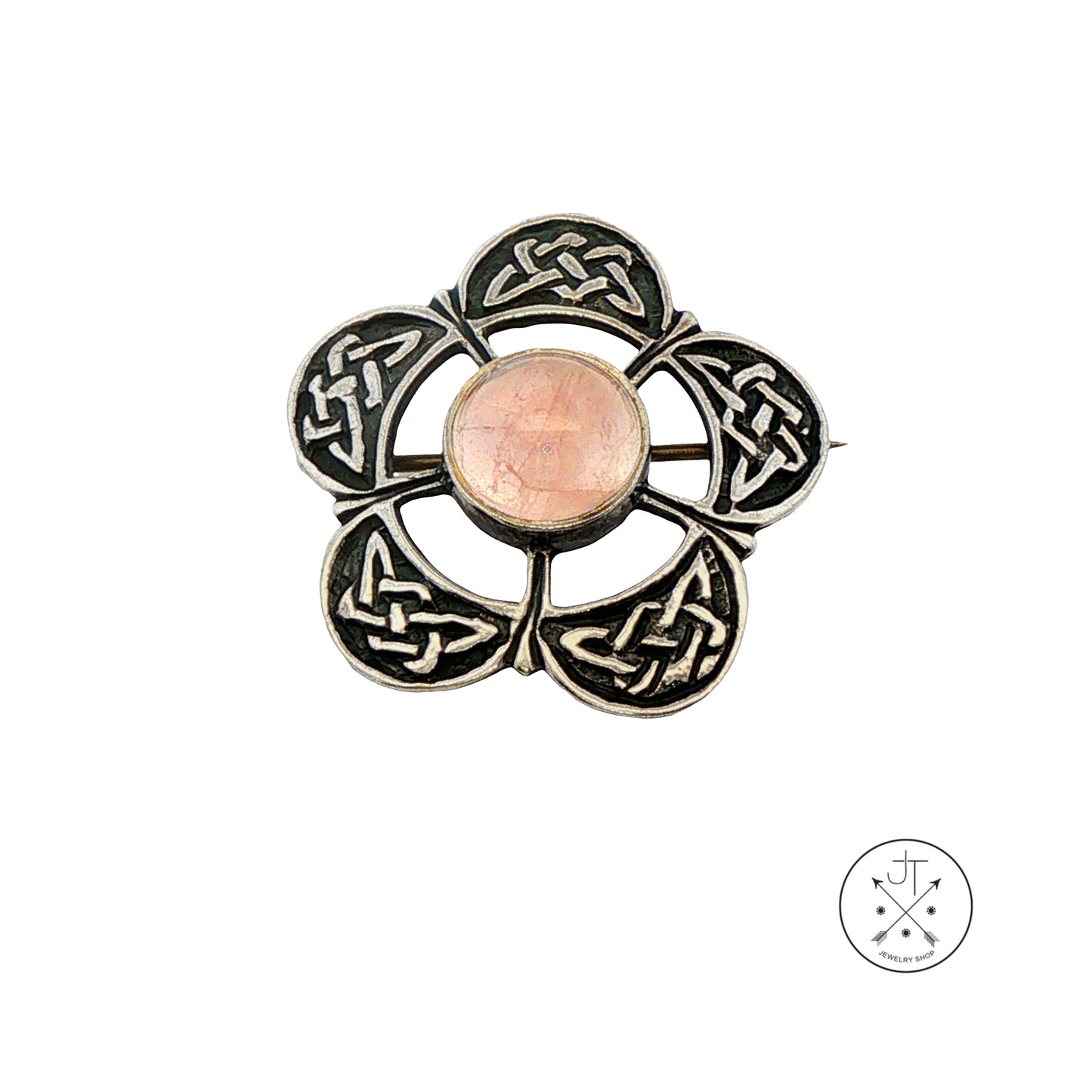 Vintage Sterling Silver Celtic Flower Brooch Pin with Natural Rose Quartz Cabochon