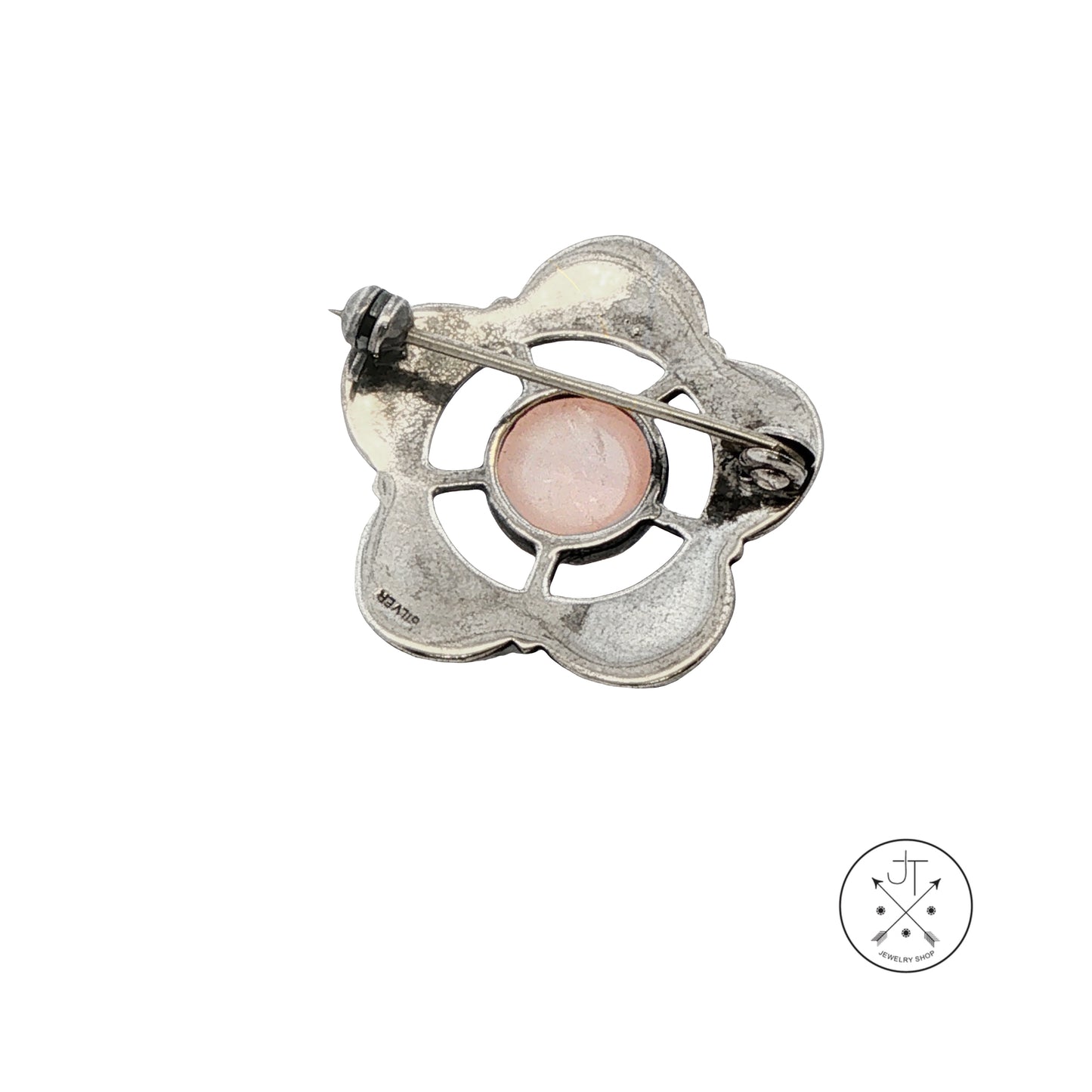 Vintage Sterling Silver Celtic Flower Brooch Pin with Natural Rose Quartz Cabochon