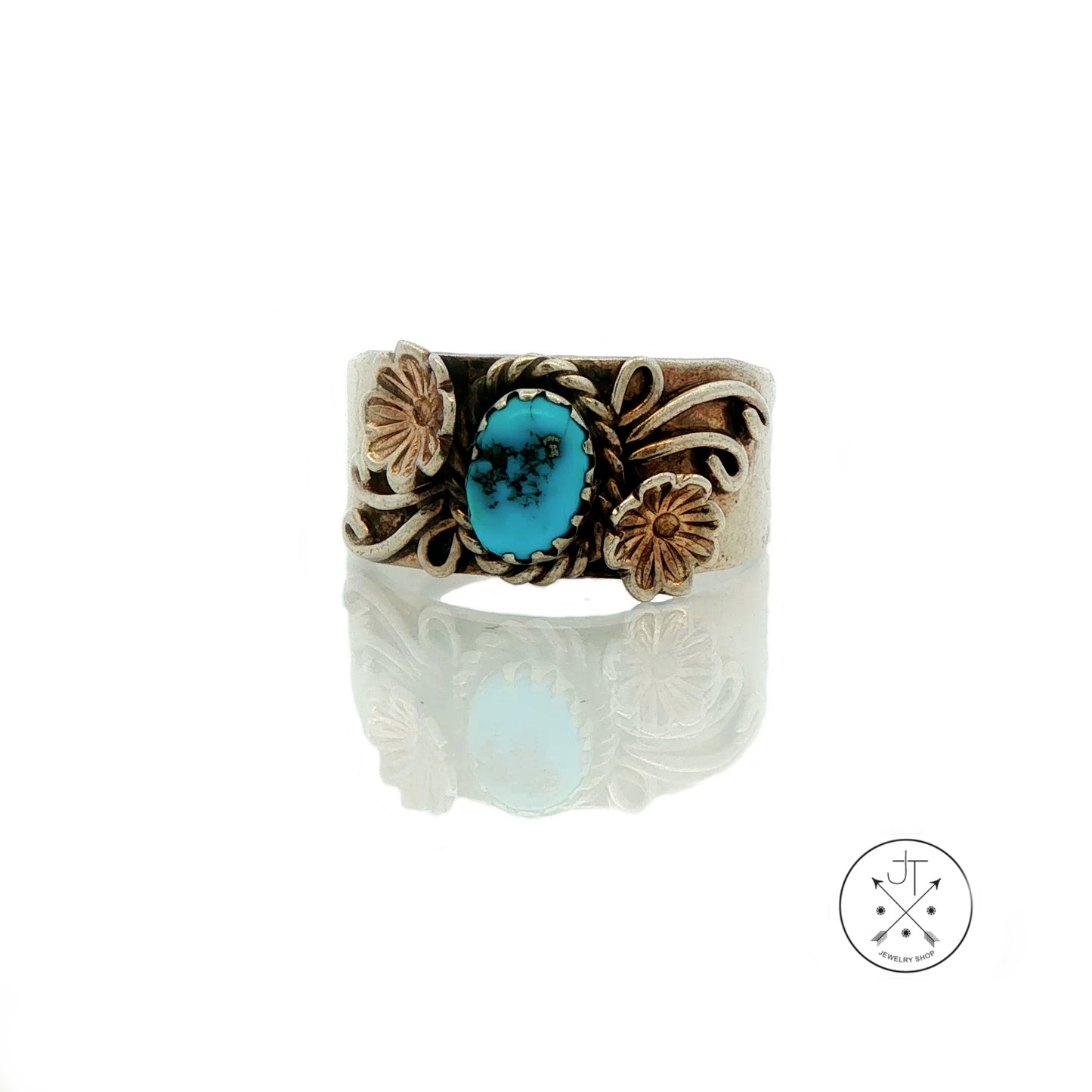 Vintage Sterling Silver Ring with Turquoise Size 8.5 Signed Bahe Wide Band