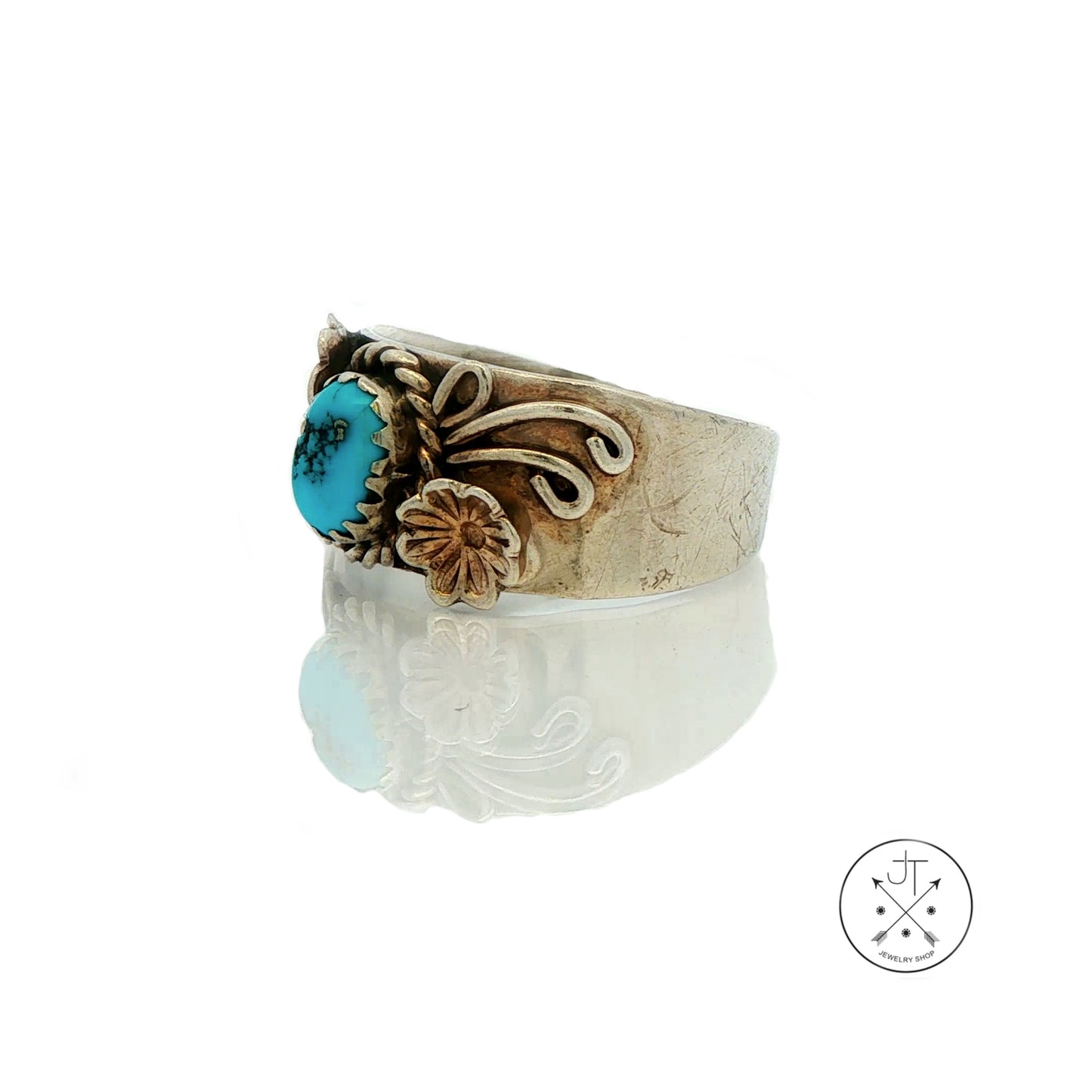 Vintage Sterling Silver Ring with Turquoise Size 8.5 Signed Bahe Wide Band