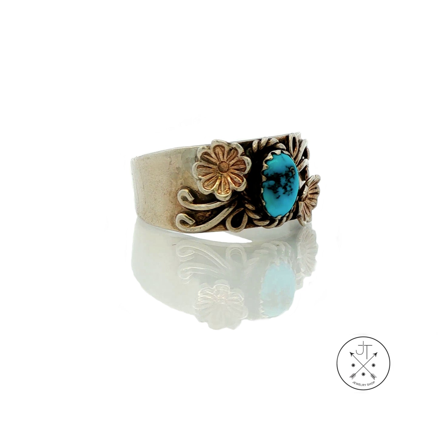Vintage Sterling Silver Ring with Turquoise Size 8.5 Signed Bahe Wide Band