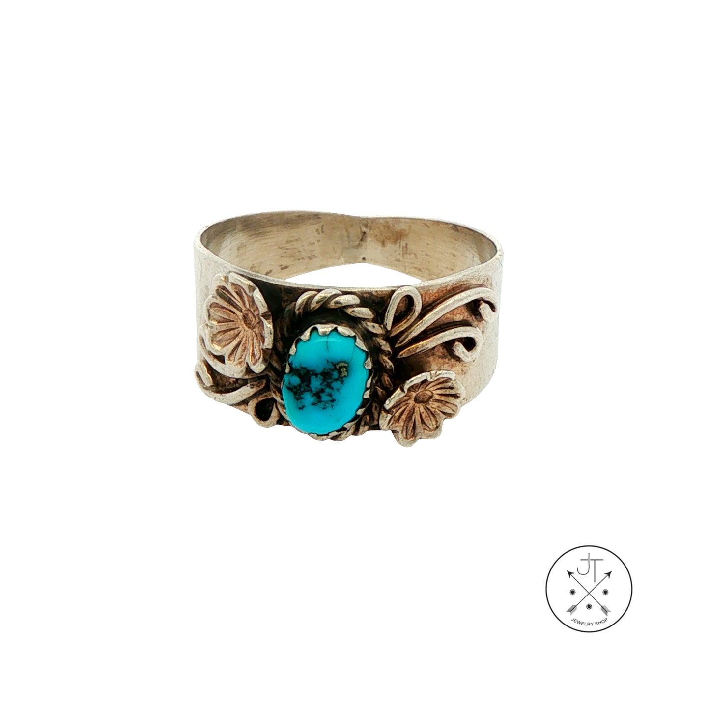 Vintage Sterling Silver Ring with Turquoise Size 8.5 Signed Bahe Wide Band