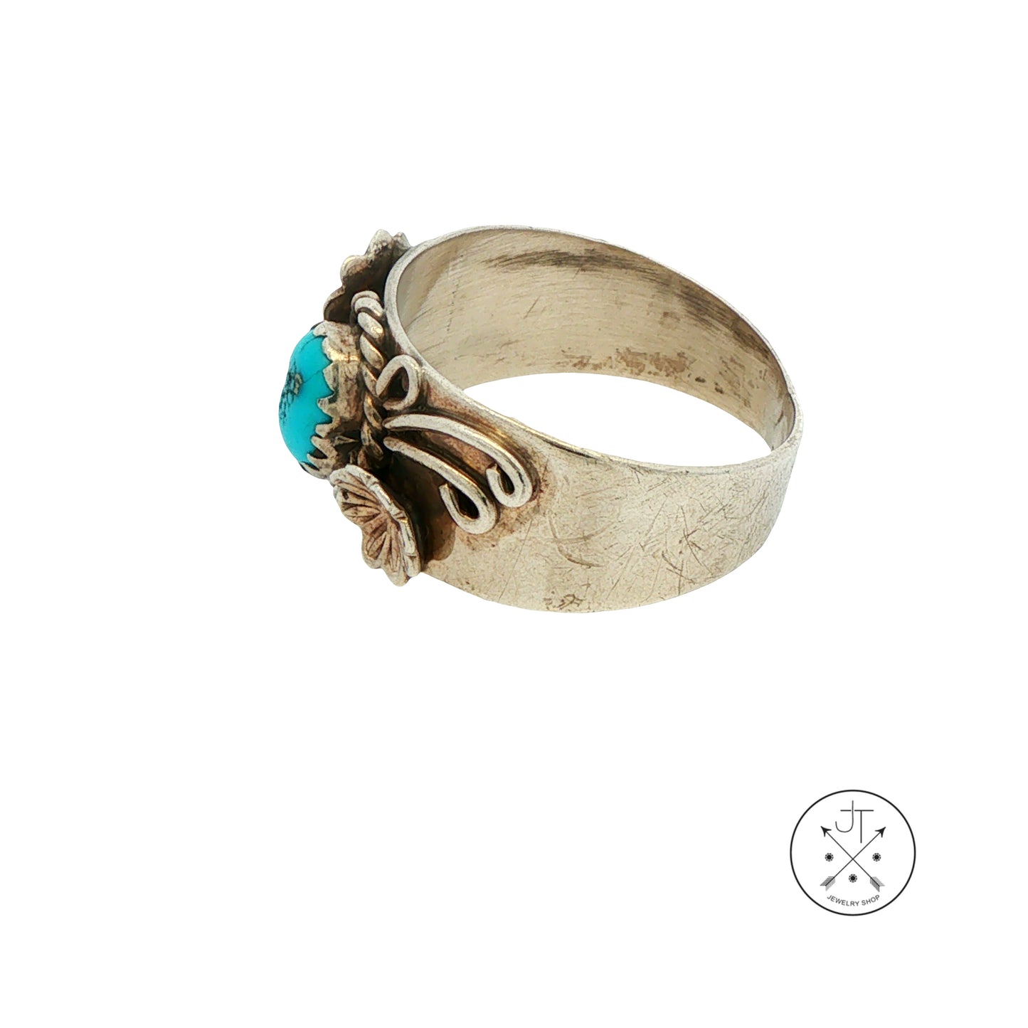 Vintage Sterling Silver Ring with Turquoise Size 8.5 Signed Bahe Wide Band