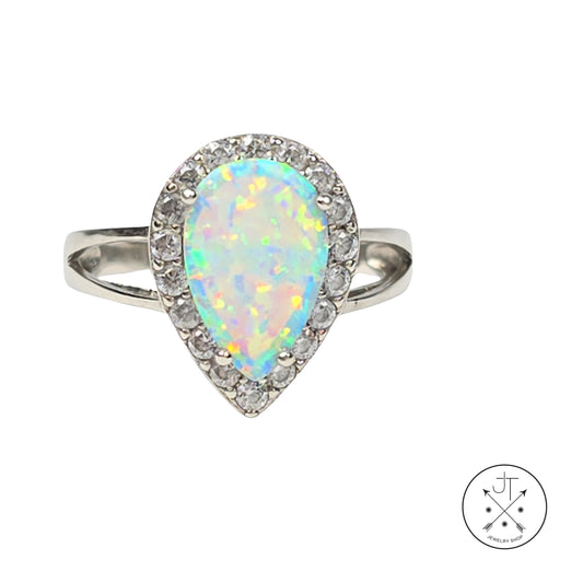 Sterling Silver Halo Ring with Created Opal and CZ Size 6.5 Teardrop