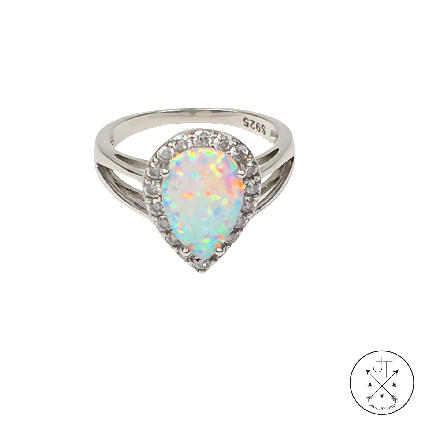 Sterling Silver Halo Ring with Created Opal and CZ Size 6.5 Teardrop