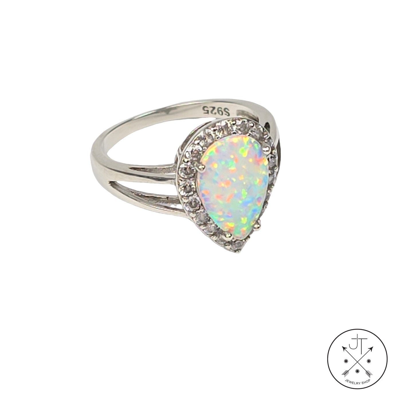 Sterling Silver Halo Ring with Created Opal and CZ Size 6.5 Teardrop