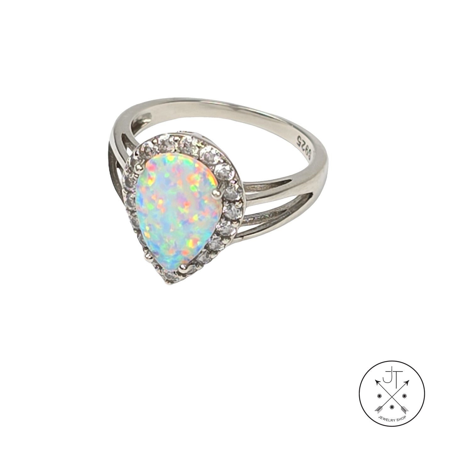 Sterling Silver Halo Ring with Created Opal and CZ Size 6.5 Teardrop