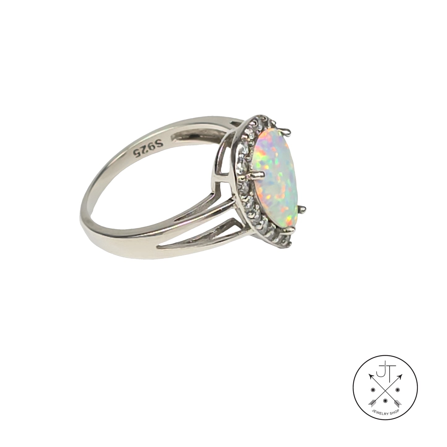 Sterling Silver Halo Ring with Created Opal and CZ Size 6.5 Teardrop
