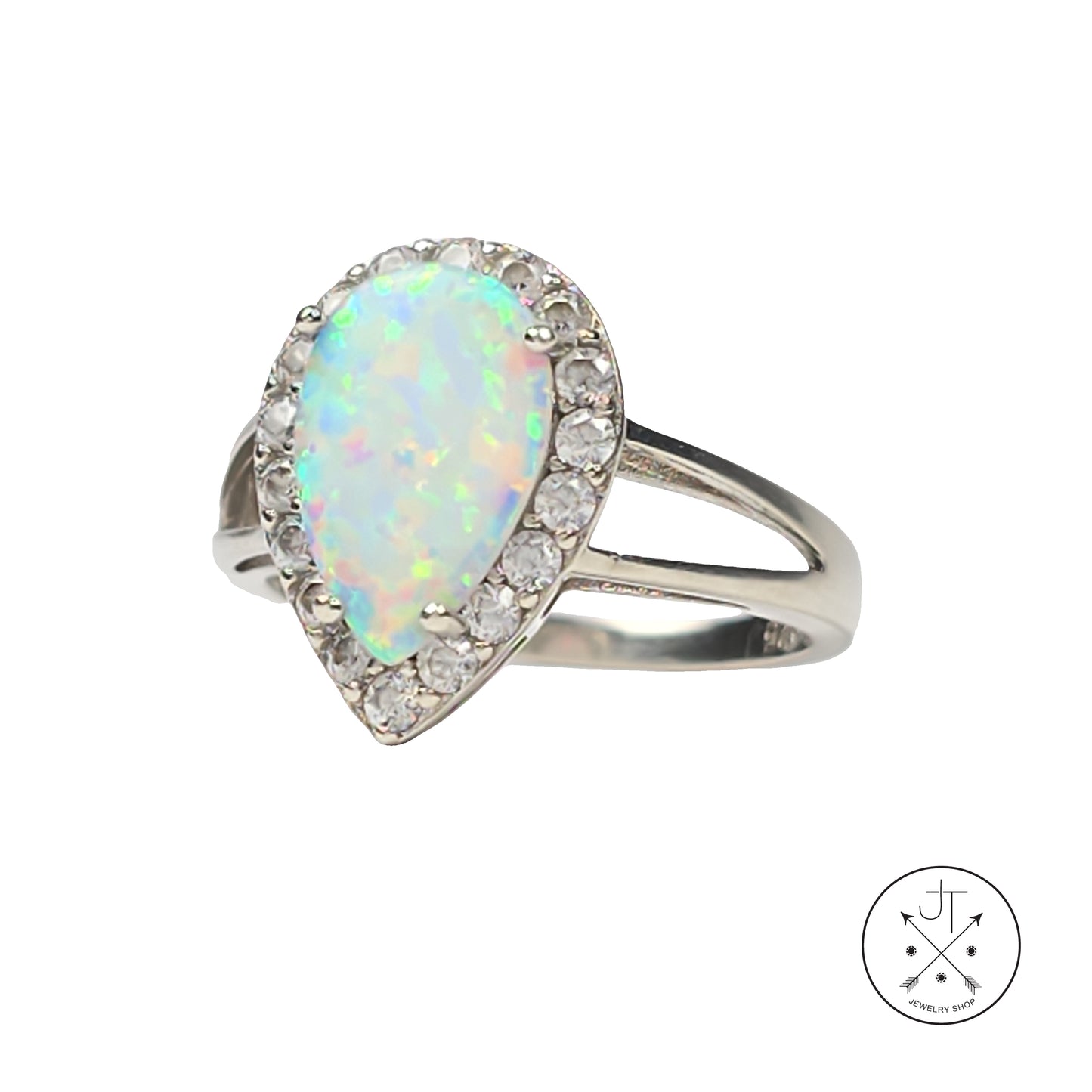 Sterling Silver Halo Ring with Created Opal and CZ Size 6.5 Teardrop