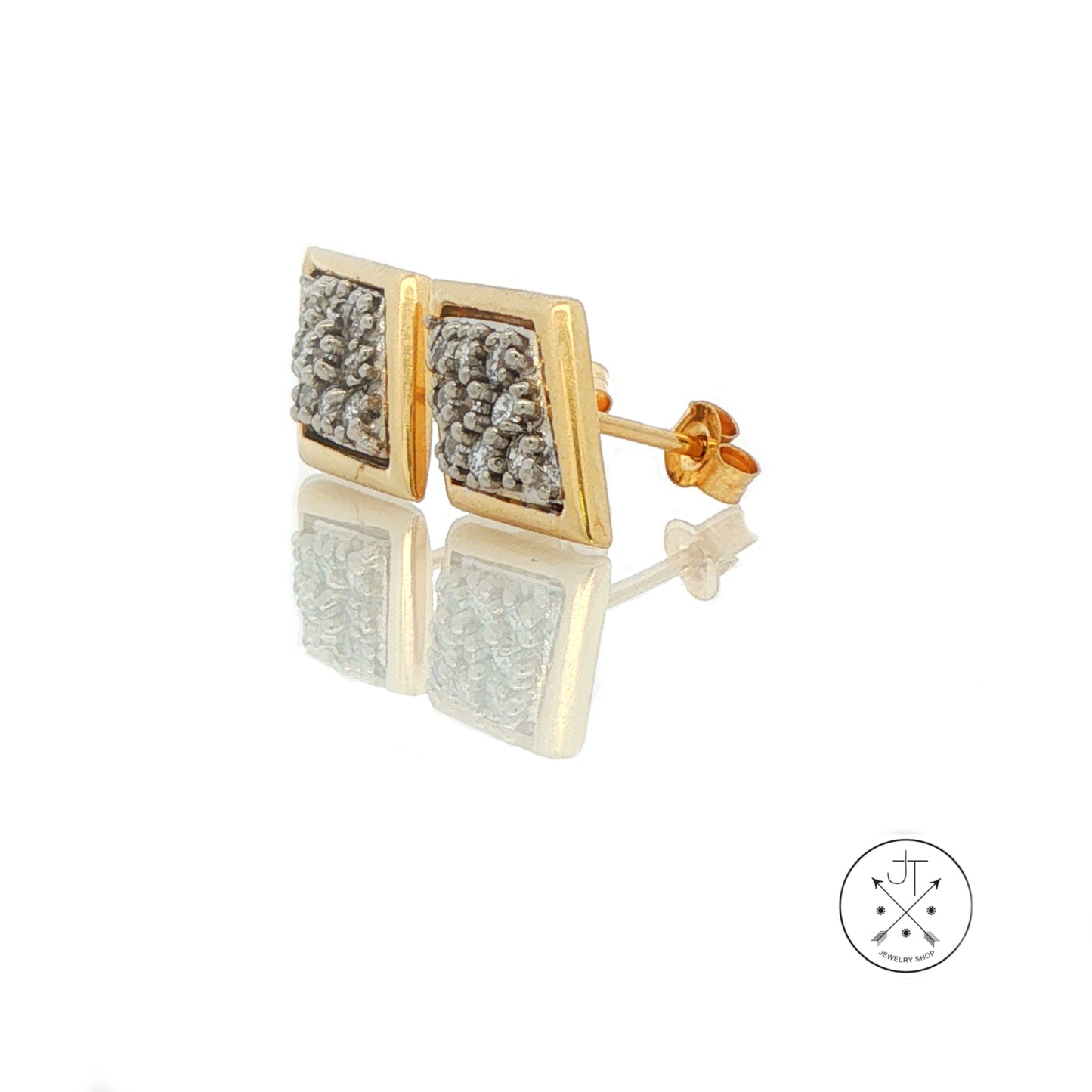 Vintage 14k Yellow Gold Geometric Stud Earrings with .2 ctw Natural Diamonds