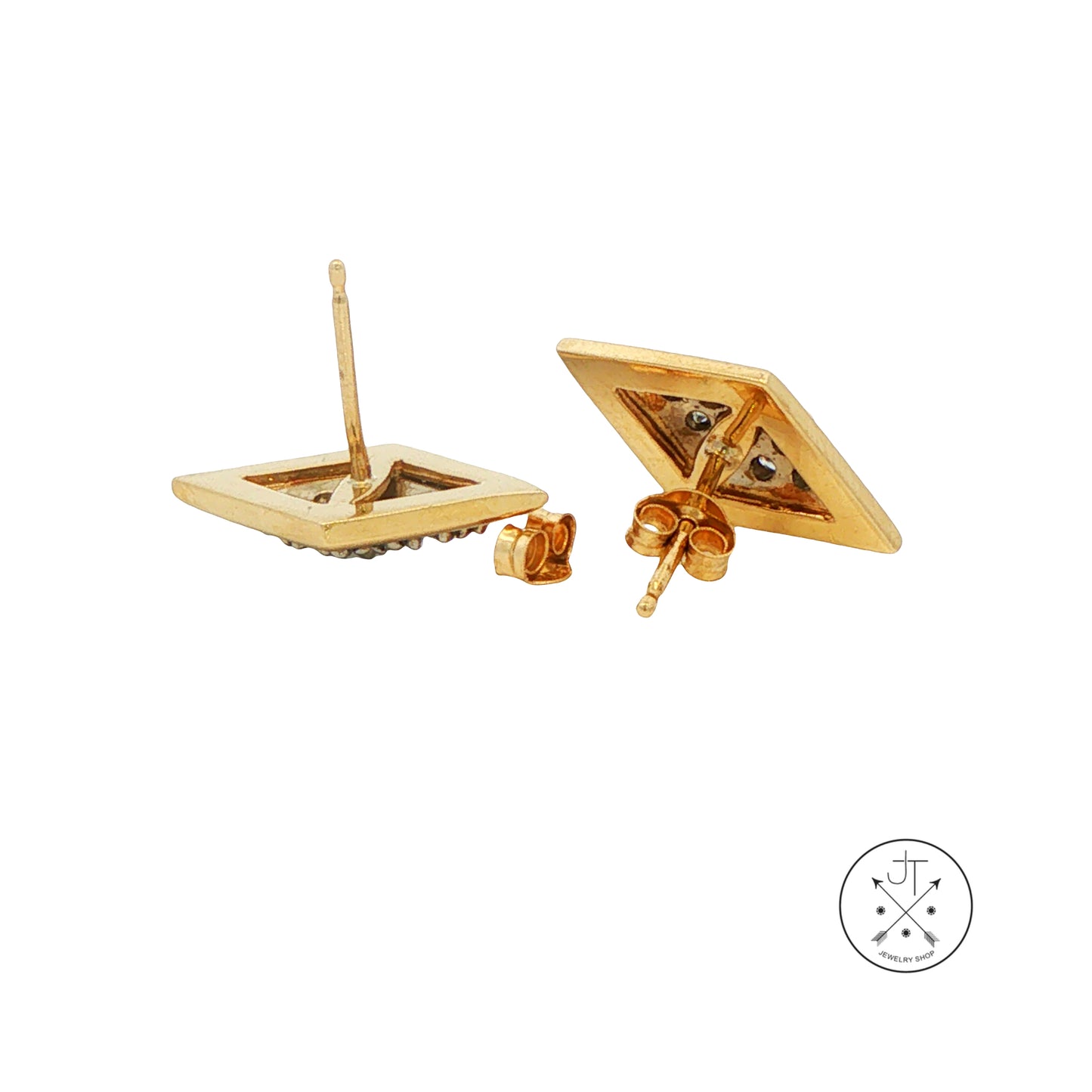 Vintage 14k Yellow Gold Geometric Stud Earrings with .2 ctw Natural Diamonds