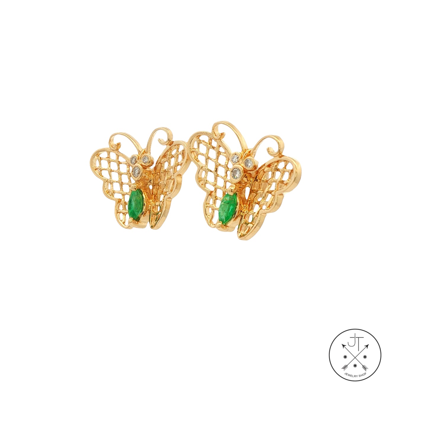 Vintage 14k Yellow Gold Butterfly Earrings Natural Emerald and Diamonds