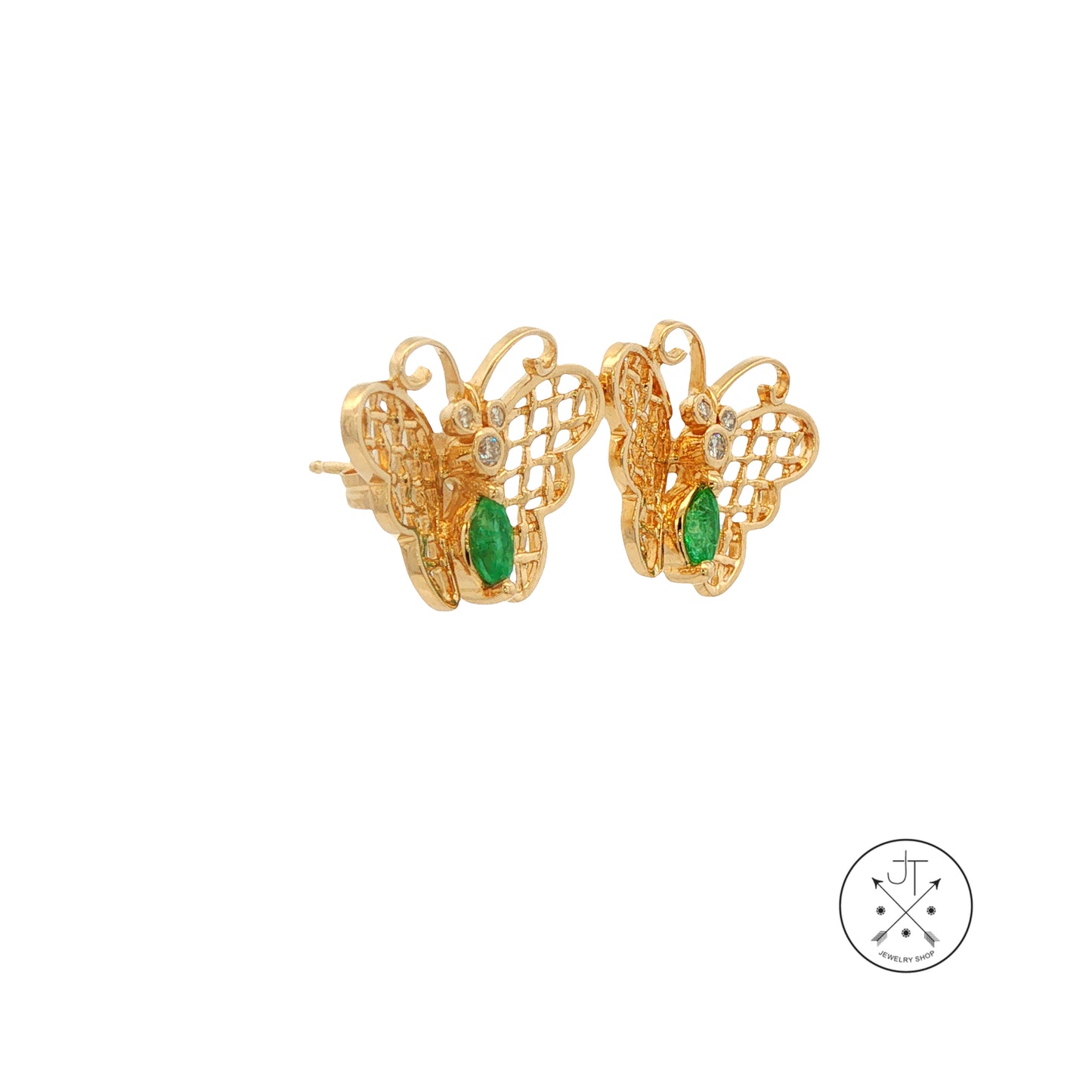 Vintage 14k Yellow Gold Butterfly Earrings Natural Emerald and Diamonds