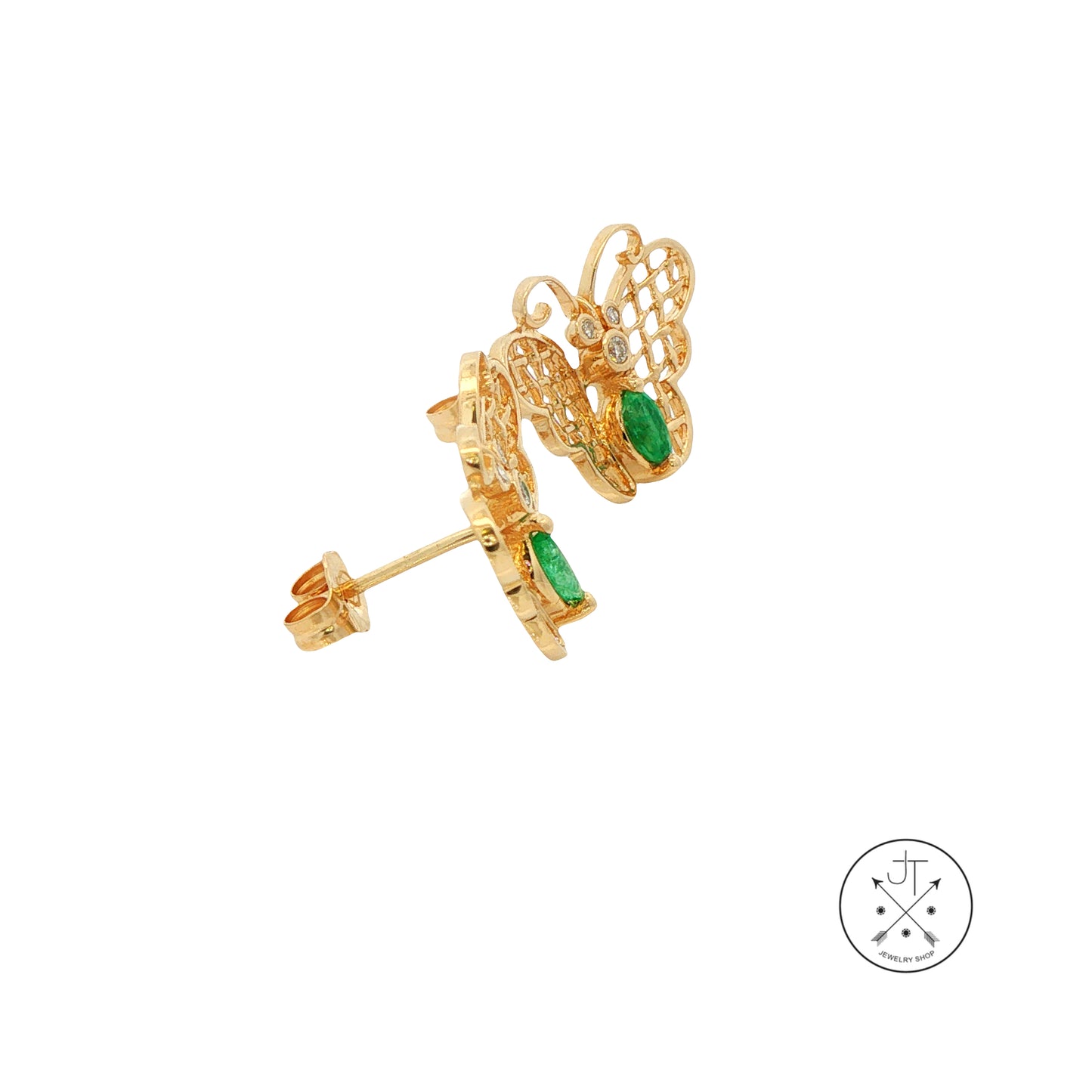 Vintage 14k Yellow Gold Butterfly Earrings Natural Emerald and Diamonds