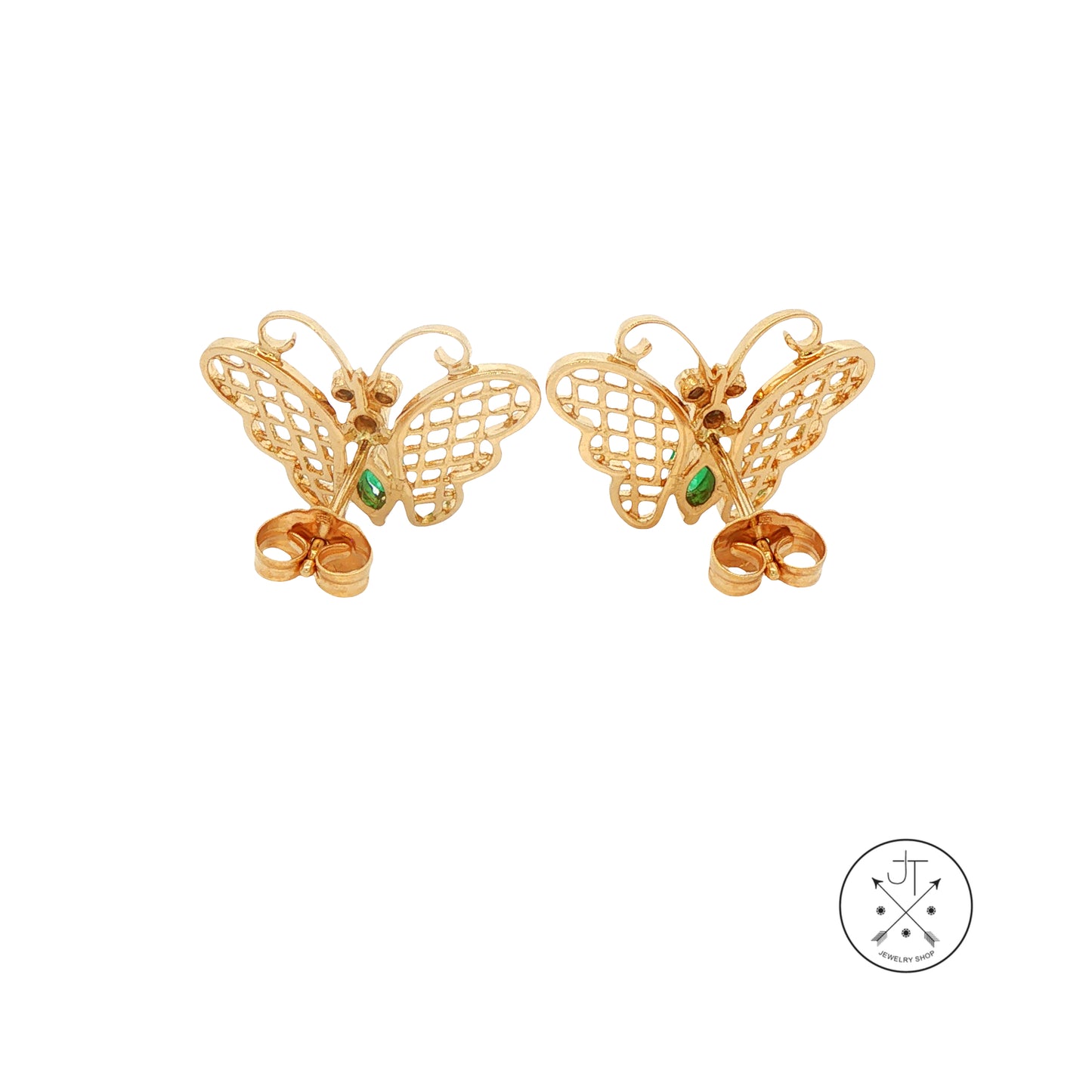 Vintage 14k Yellow Gold Butterfly Earrings Natural Emerald and Diamonds