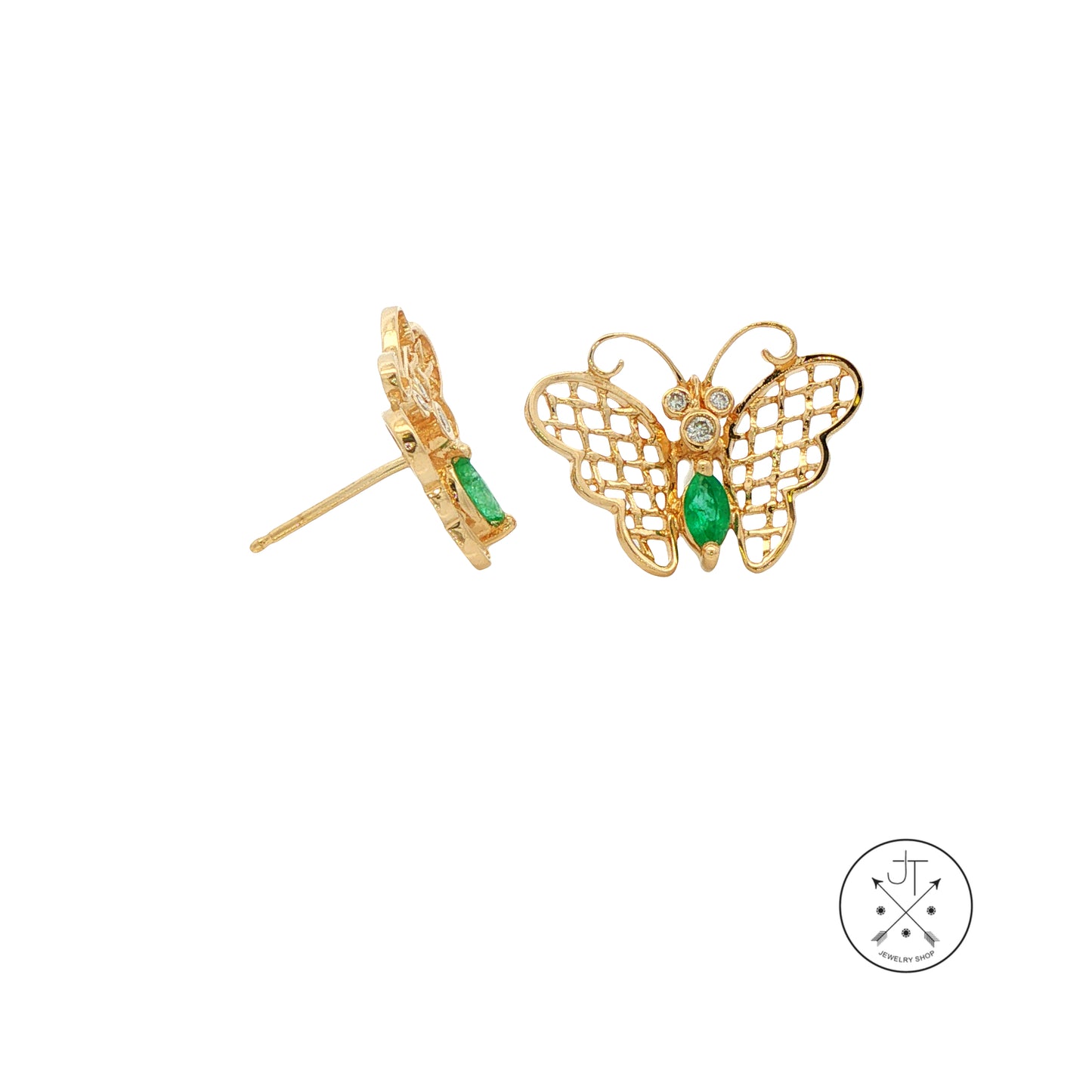 Vintage 14k Yellow Gold Butterfly Earrings Natural Emerald and Diamonds