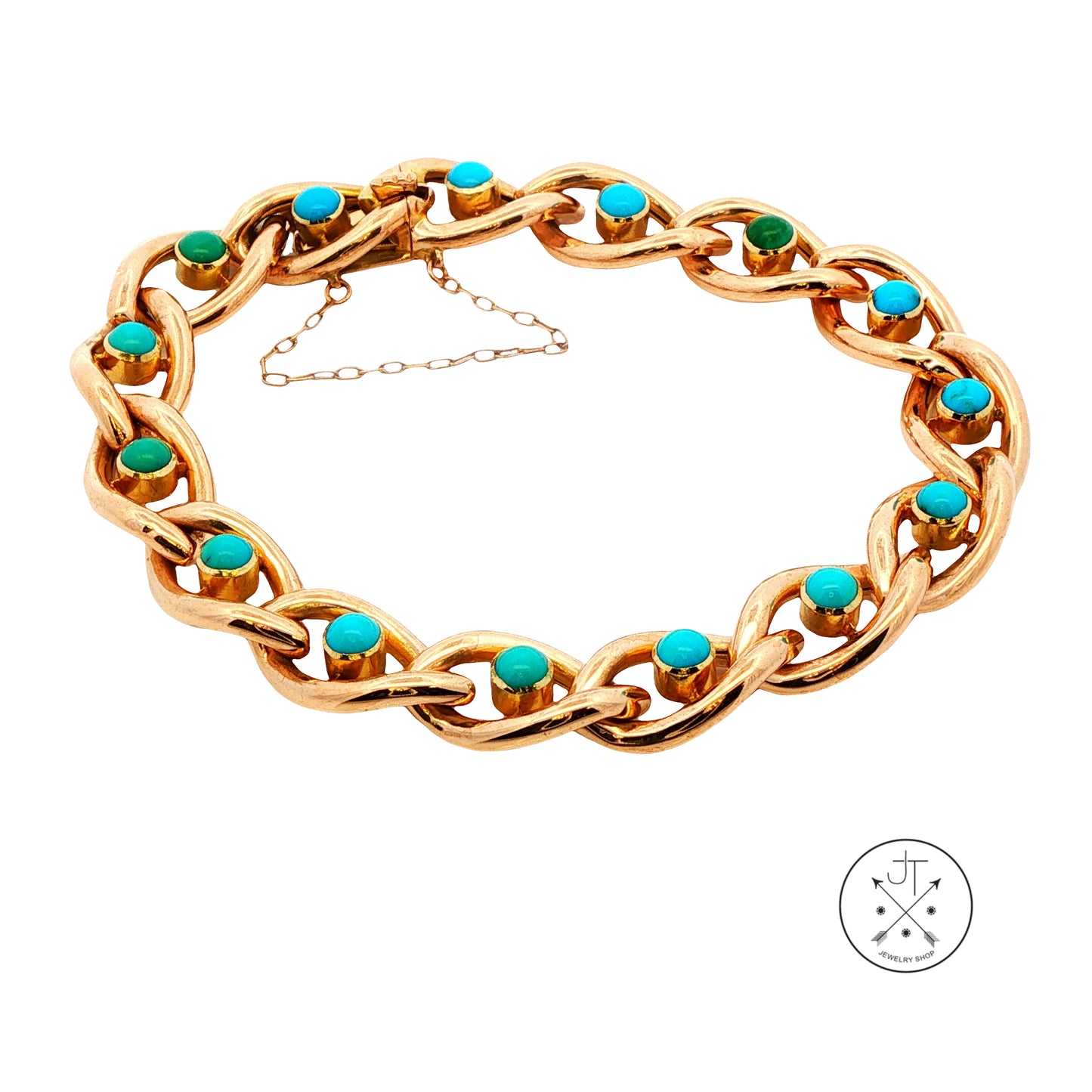 Antique 15k 15ct Yellow Gold Victorian Curb Link Bracelet with Turquoise 7.25 Inch