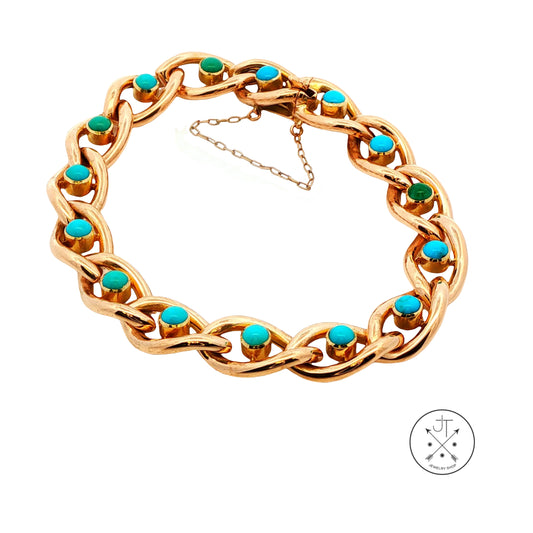 Antique 15k 15ct Yellow Gold Victorian Curb Link Bracelet with Turquoise 7.25 Inch