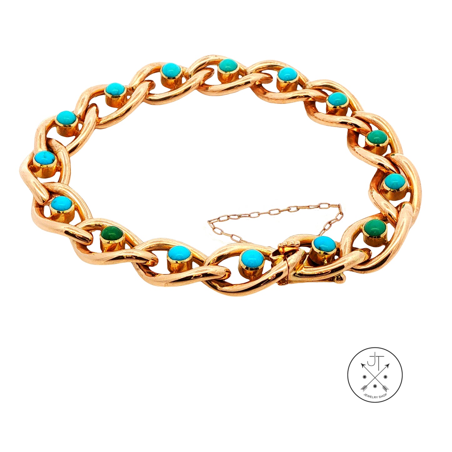 Antique 15k 15ct Yellow Gold Victorian Curb Link Bracelet with Turquoise 7.25 Inch