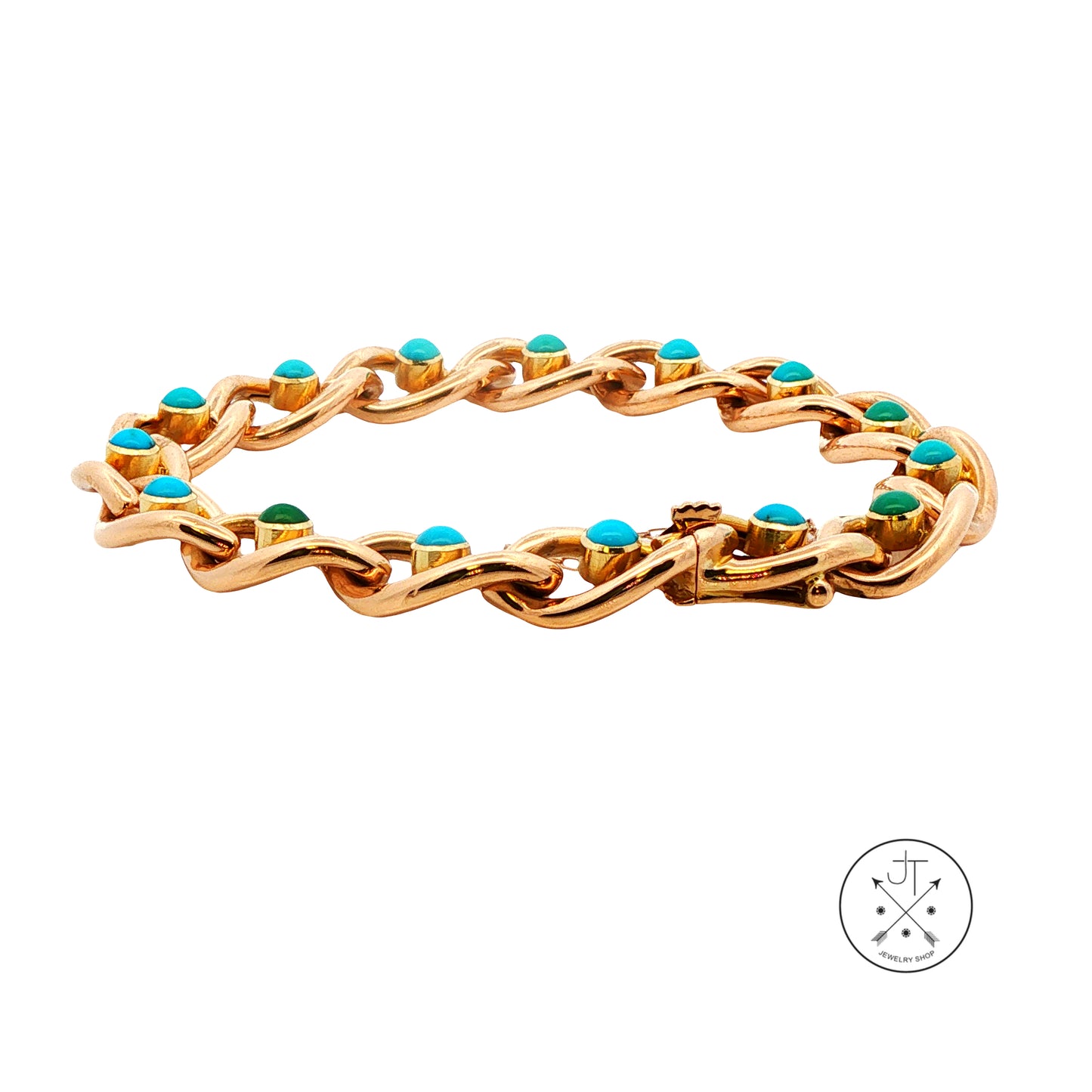 Antique 15k 15ct Yellow Gold Victorian Curb Link Bracelet with Turquoise 7.25 Inch