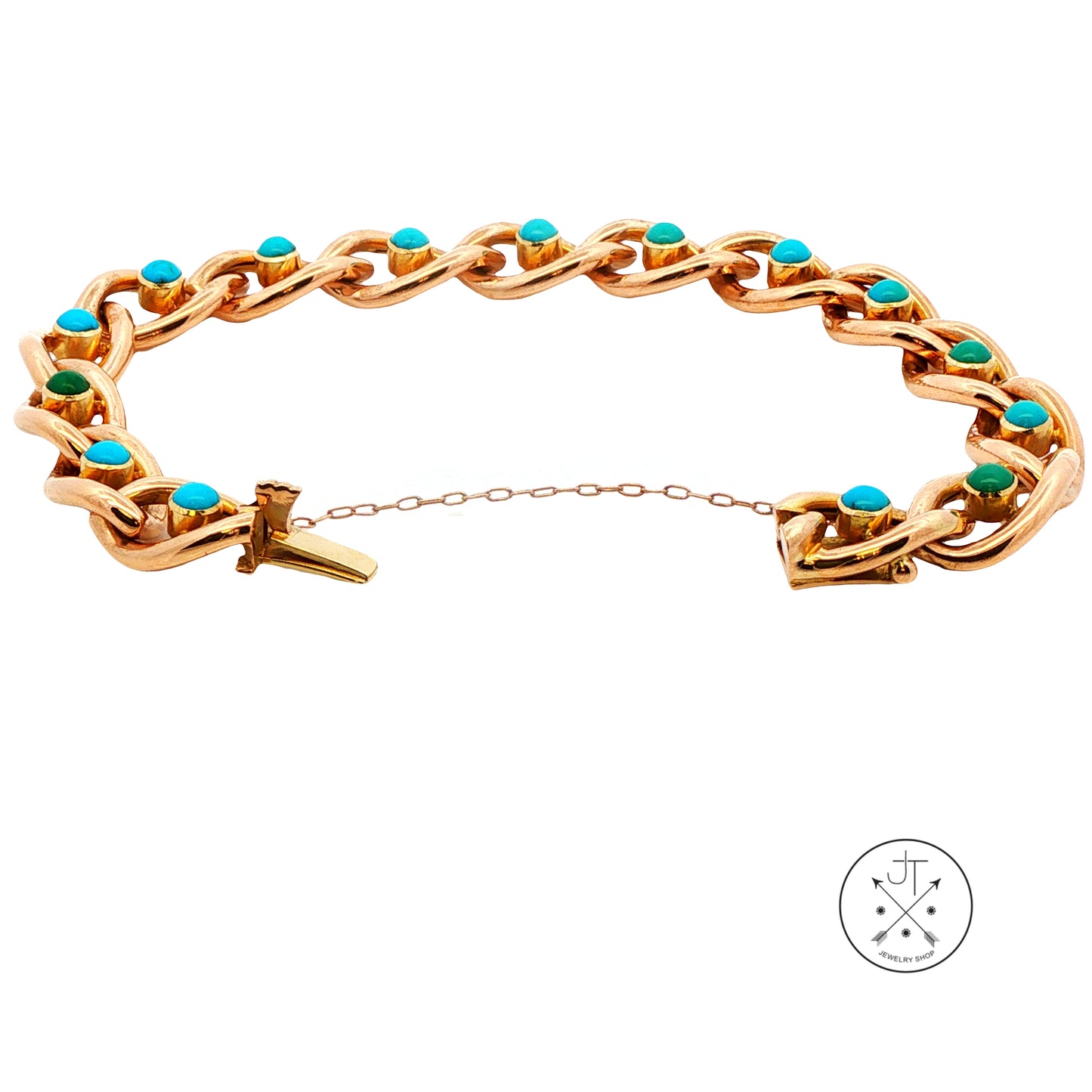 Antique 15k 15ct Yellow Gold Victorian Curb Link Bracelet with Turquoise 7.25 Inch