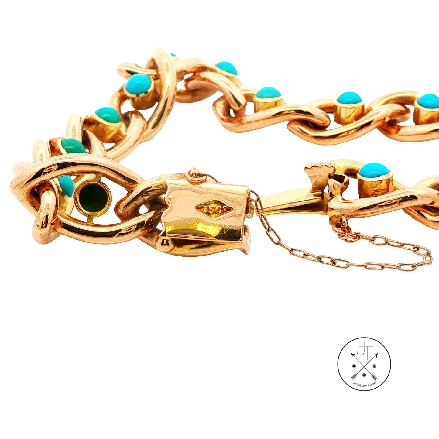 Antique 15k 15ct Yellow Gold Victorian Curb Link Bracelet with Turquoise 7.25 Inch