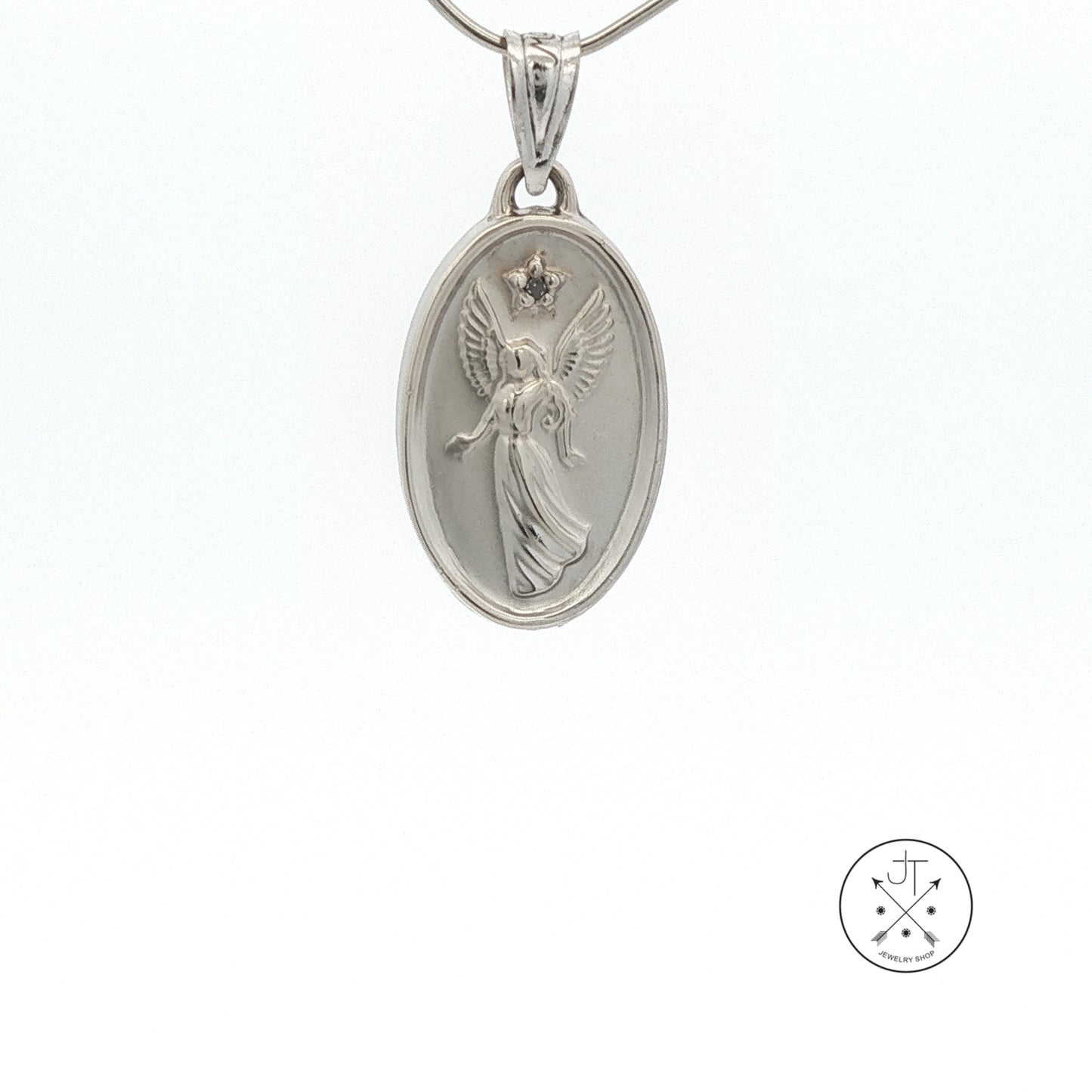 Vintage 14k White Gold Guardian Angel Pendant Diamond Medallion
