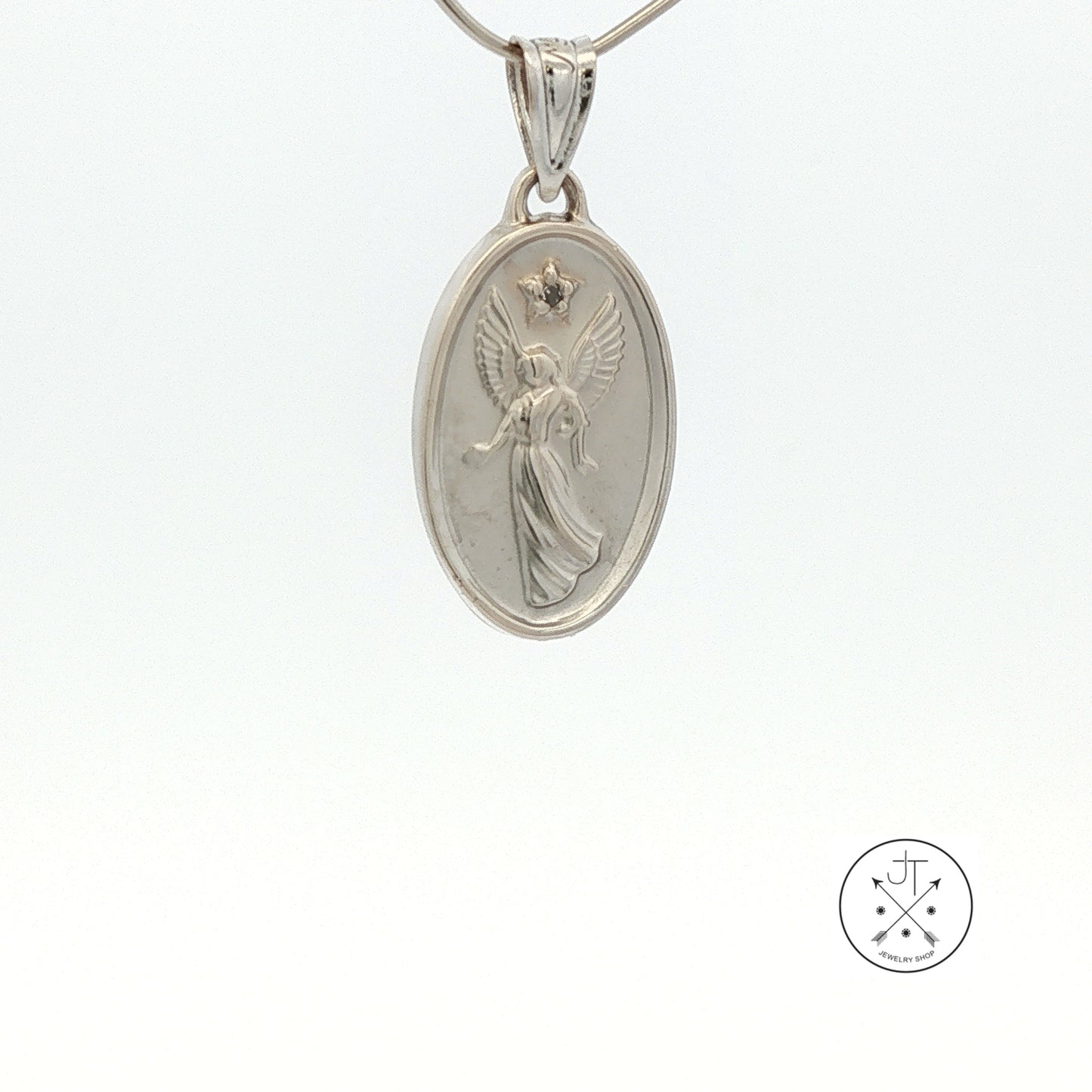 Vintage 14k White Gold Guardian Angel Pendant Diamond Medallion