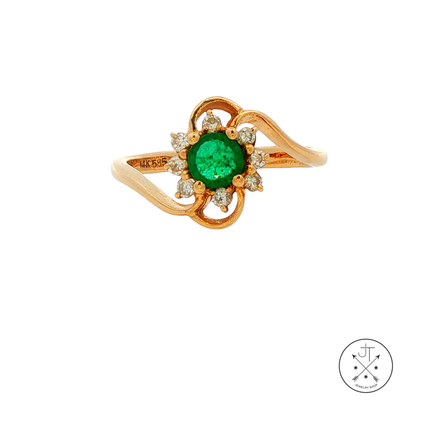 Vintage 14k Yellow Gold Halo Ring Natural Brazil Emerald and Diamonds Size 5.5 May Birthstone
