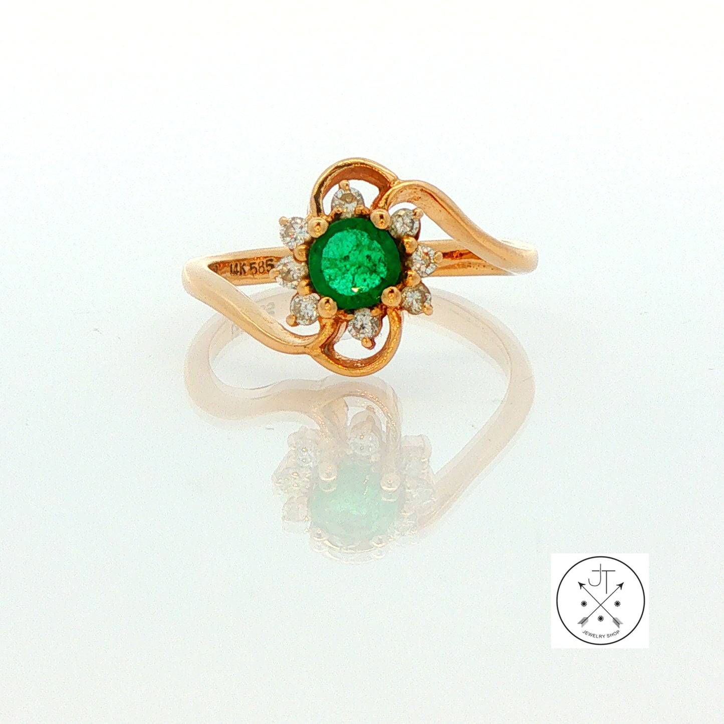 Vintage 14k Yellow Gold Halo Ring Natural Brazil Emerald and Diamonds Size 5.5 May Birthstone