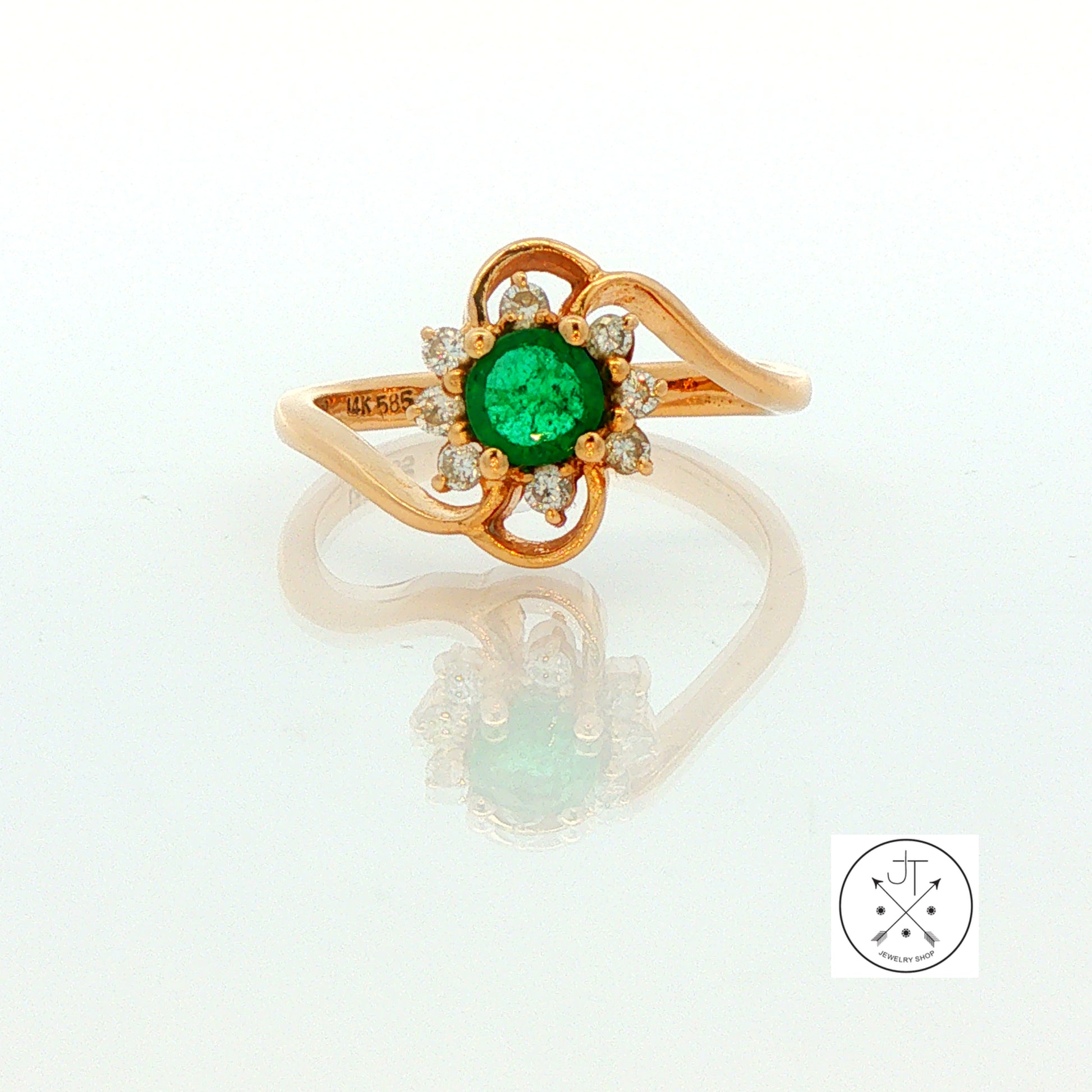 Vintage 14k Yellow Gold Halo Ring Natural Brazil Emerald and Diamonds Size 5.5 May Birthstone